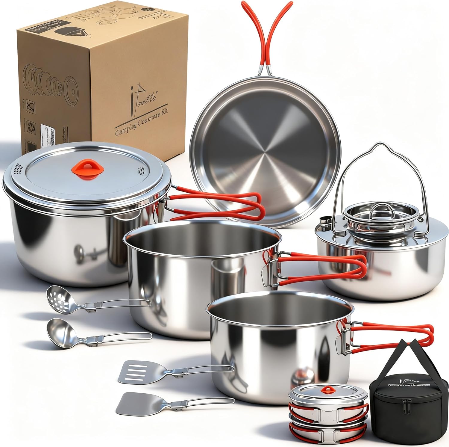 Portable 18/8 Stainless Steel Camping Cookware Set 11 Pcs – Nesting Design, Large Capacity Pots and pan with Kettle, Compact for Picnic & Family Outdoor Cooking (4-8 People) with Carry Bag