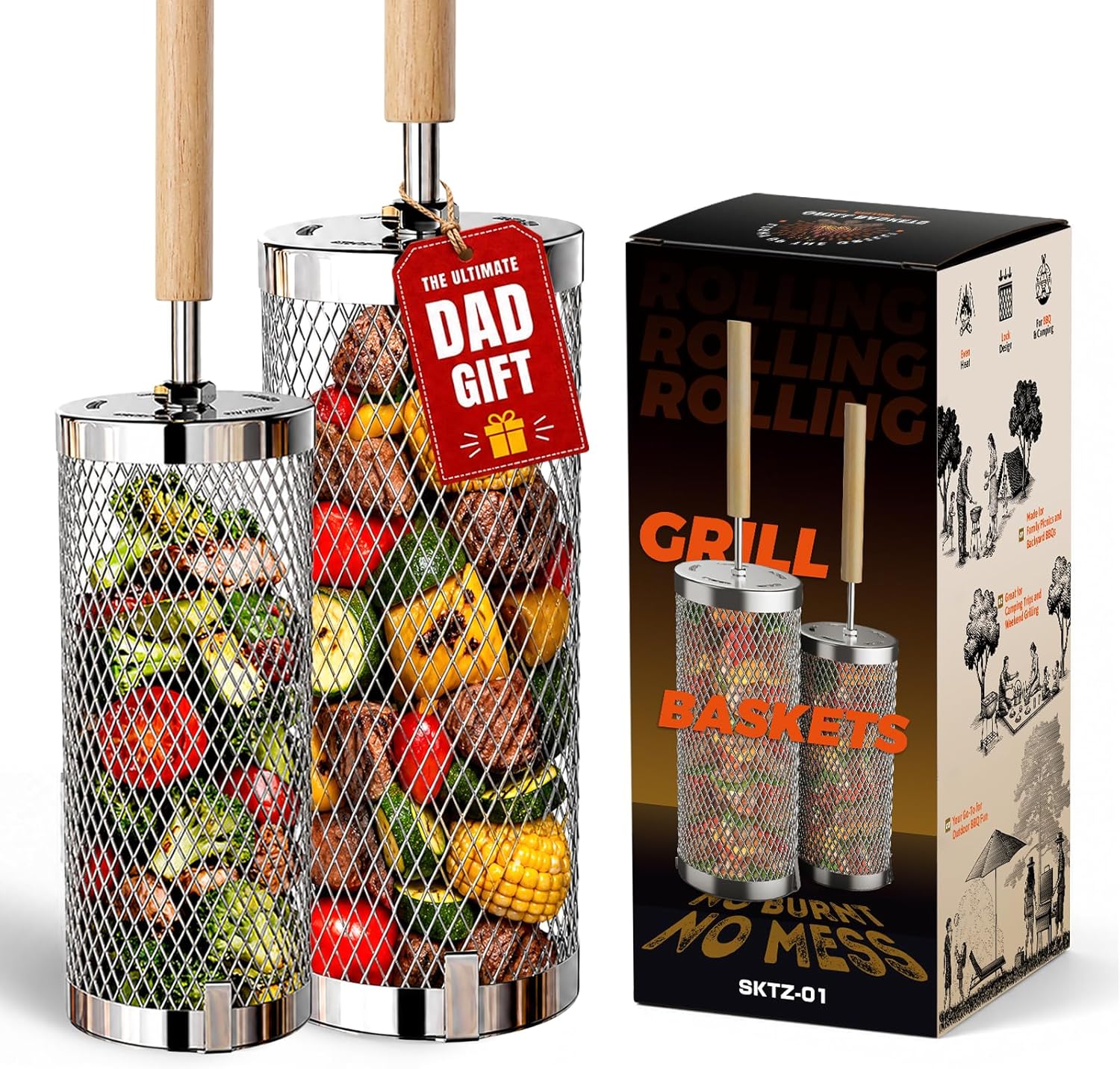 Rolling Grill Basket 2-Pack,304 Stainless Steel Grill Basket with Removable Wooden Handle,BBQ Tool & Smoker Accessory for Grill Rotisseries Veg & Shrimp,Ideal for Outdoor Cooking,Camping & Gifts for Dad/Husband/Men