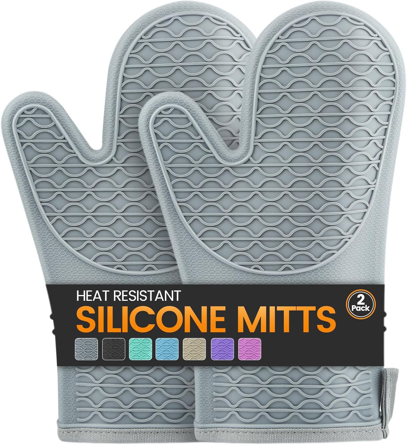 Silicone Oven Mitts, Heat Resistant 2PCS Oven Mitts with Soft Cotton Lining, Waterproof Non-Slip Grip Oven Glove, Kitchen Potholder Mits for BBQ, Baking, Cooking, 12.5 Inch – Grey