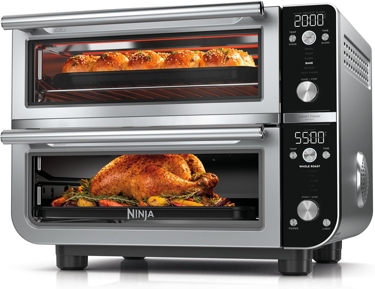 Ninja Double Oven Pro Smart XL Countertop Oven & Air Fryer | 30.2 Qt Capacity | 12-in-1 with Smart Finish & DualZone Tech to Cook 2 Meals at Once | Fits up to 4.5lb Chicken | Stainless Steel | DCT801