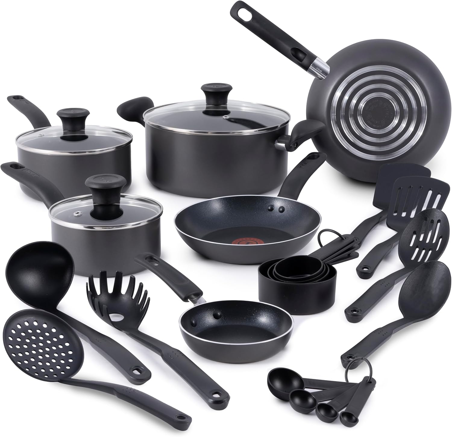 T-fal Initiatives Nonstick Cookware Set 18 Piece, Oven Broiler Safe 350F, Kitchen Cooking Set w/Fry Pans, Saucepans, Stockpots, Skillet, Spoons, Lids Pots and Pans Set, Dishwasher Safe, Stone Grey