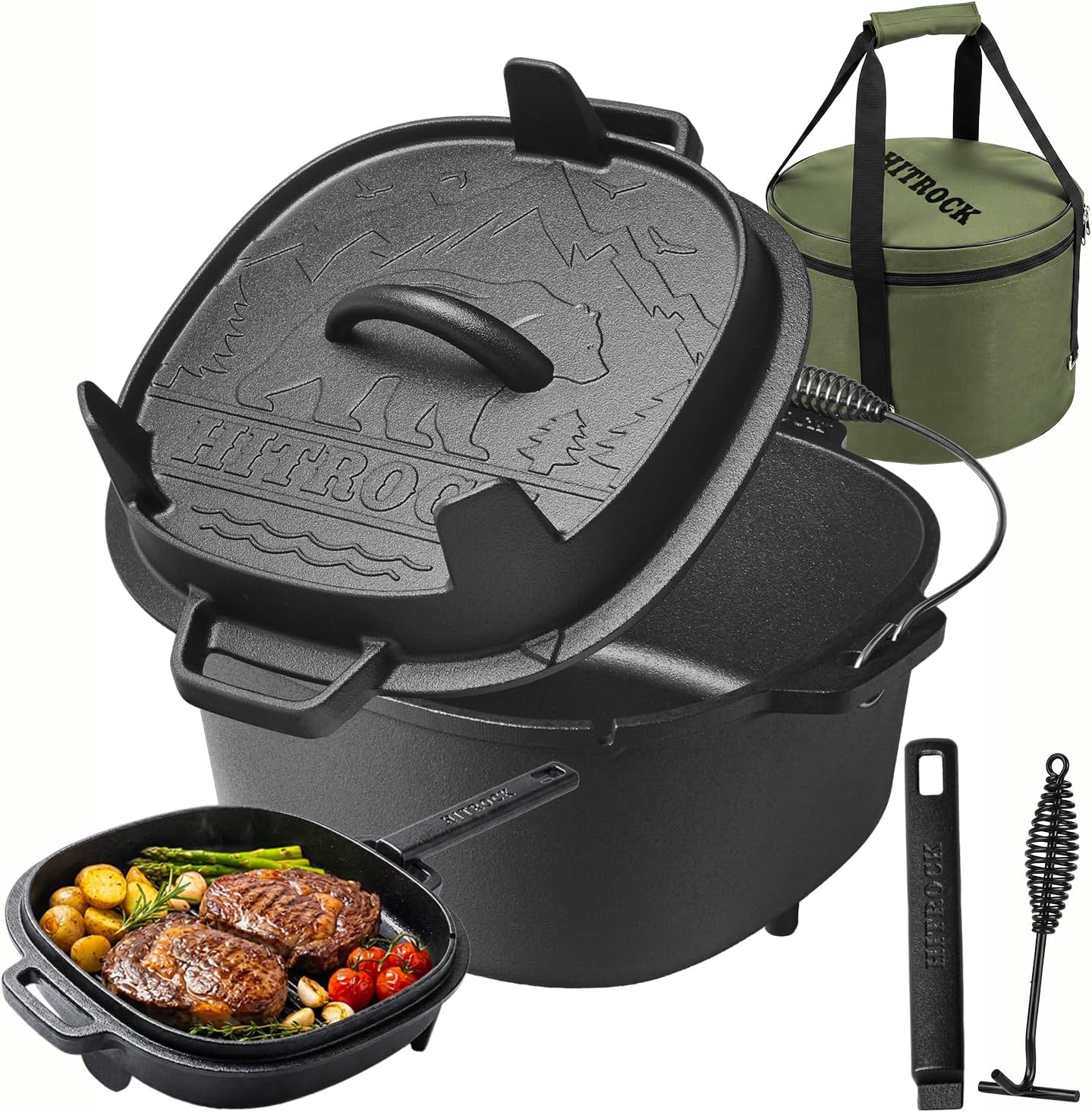 HITROCK Cast Iron Camp Dutch Oven with Legs 5QT, Pre-Seasoned Camping Dutch Oven with Lid,Outdoor Pot with Lid Lifter, Storage Bag & Handle for Camping, Baking, Grilling, Rounded-square Shape