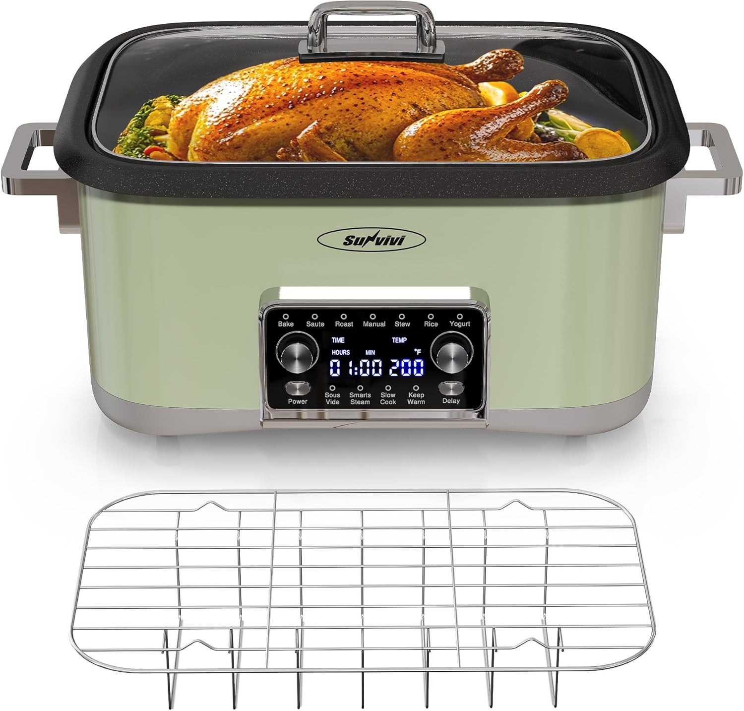 12-in-1 Programmable Slow Cooker Roaster Oven, 8 Quart Digital Multi-Cooker Food Warmer with Timer, Temp Control & Auto Shut Off, Removable Non-Stick Pot, Dishwasher-Safe Glass Lid, Green