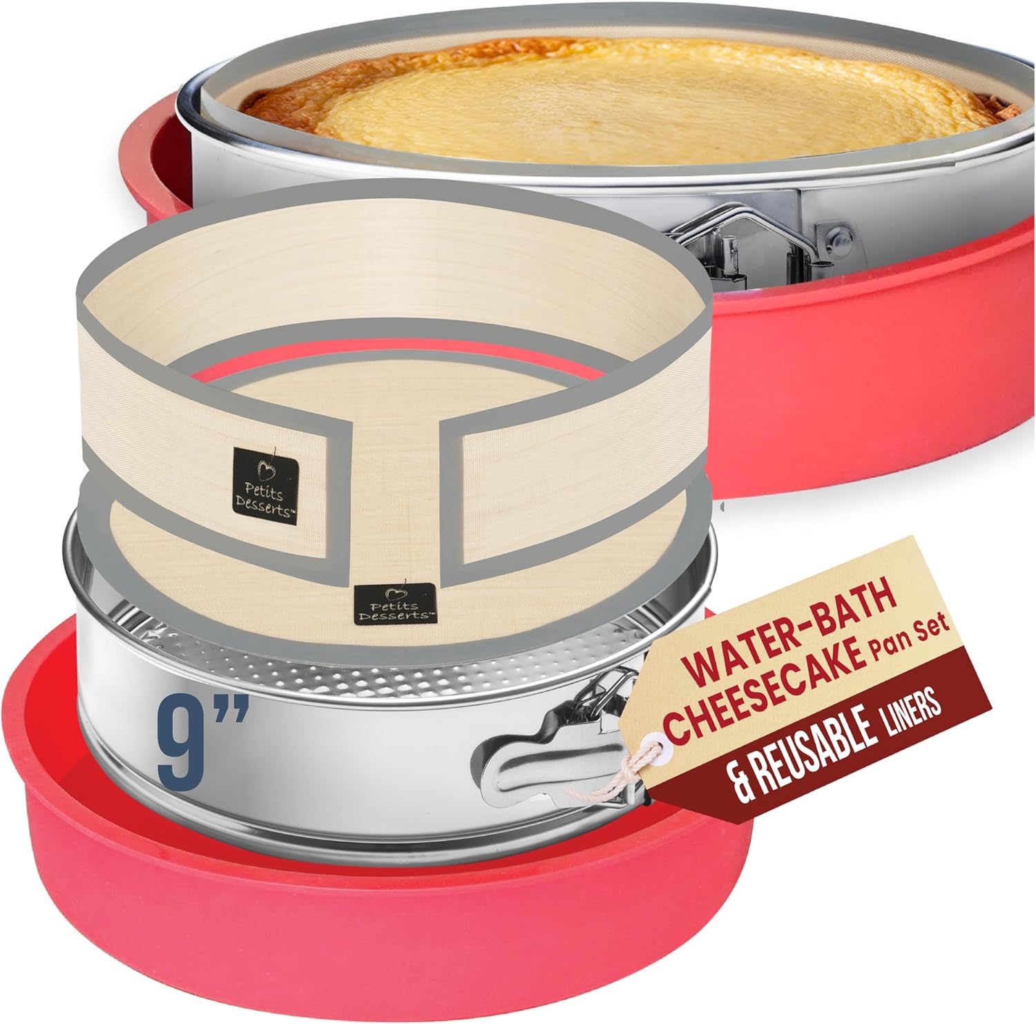9 Inch Springform Pan for Cheesecake, with LEAKPROOF Silicone Sleeve & 2 REUSABLE Liners for WATER BATH Baking – No Foil Wrap & Parchment Needed, NON-TOXIC Stainless Steel Cheese Cake Pans for Baking