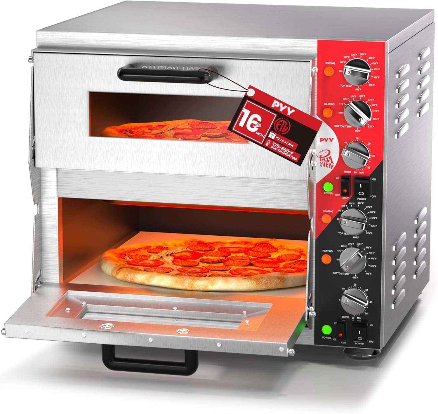 PYY 16″ Indoor Electric Double Decker Pizza Oven w/Pizza Stone for Restaurant Home,Countertop Pizza Oven with 60-min Ring Timer, Commercial Pizza Oven with 4 Large Heat Tube, 3200W, ETL listed,Grey