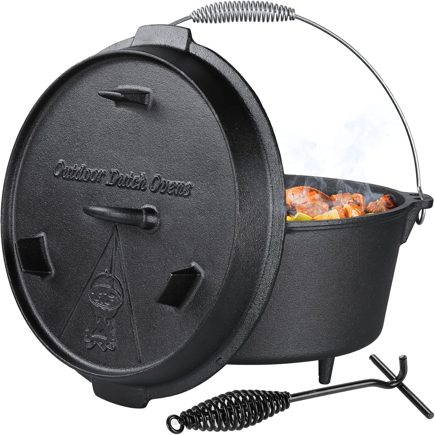 LIFERUN Dutch Oven Pot with Lid, 13.2 Quart Cast Iron Dutch oven, with Lid Lifter Handle & Stand and Dual Function Griddle for Home Cooking BBQ Baking, black