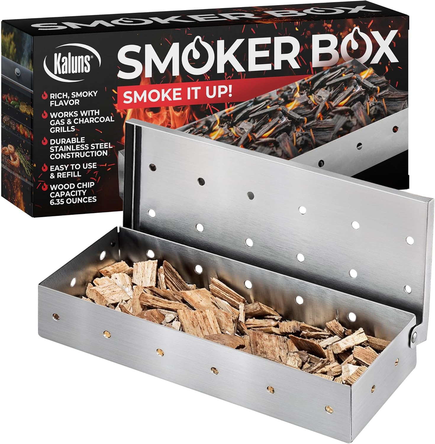 Kaluns Universal Stainless Steel Smoker Box, Gas or Charcoal Grill Smoke Box, Works with Wood Chips, add Delicious Smoked Flavor, Hinged Lid,Warp Free Grill Accessories