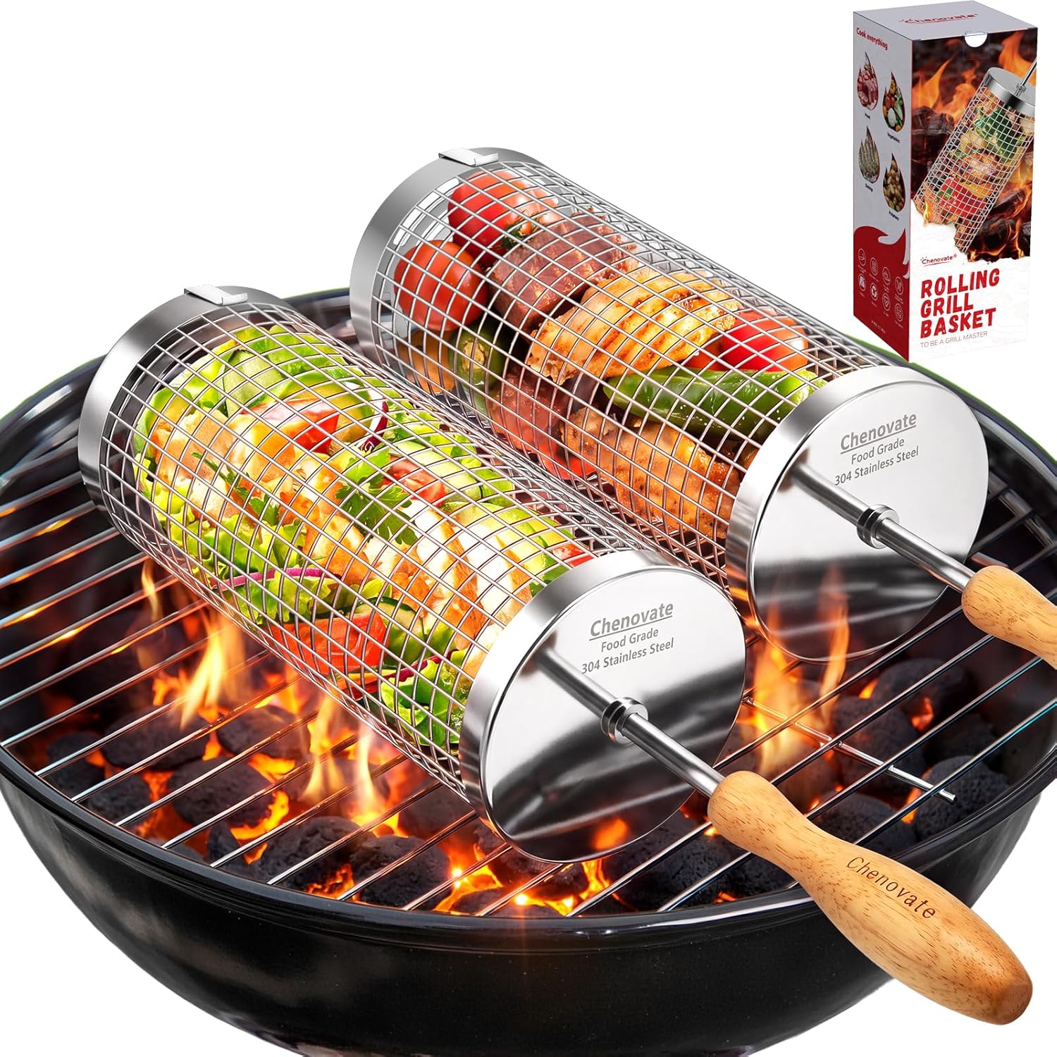 Chenovate® Rolling Grill Baskets,Gifts for Men,Removable Wooden Handle,304 Stainless Steel,Grilling Accessories for Veggies,Smoker BBQ Tools,Grilling Gifts for Birthday Festival Anniversary —2 Pack