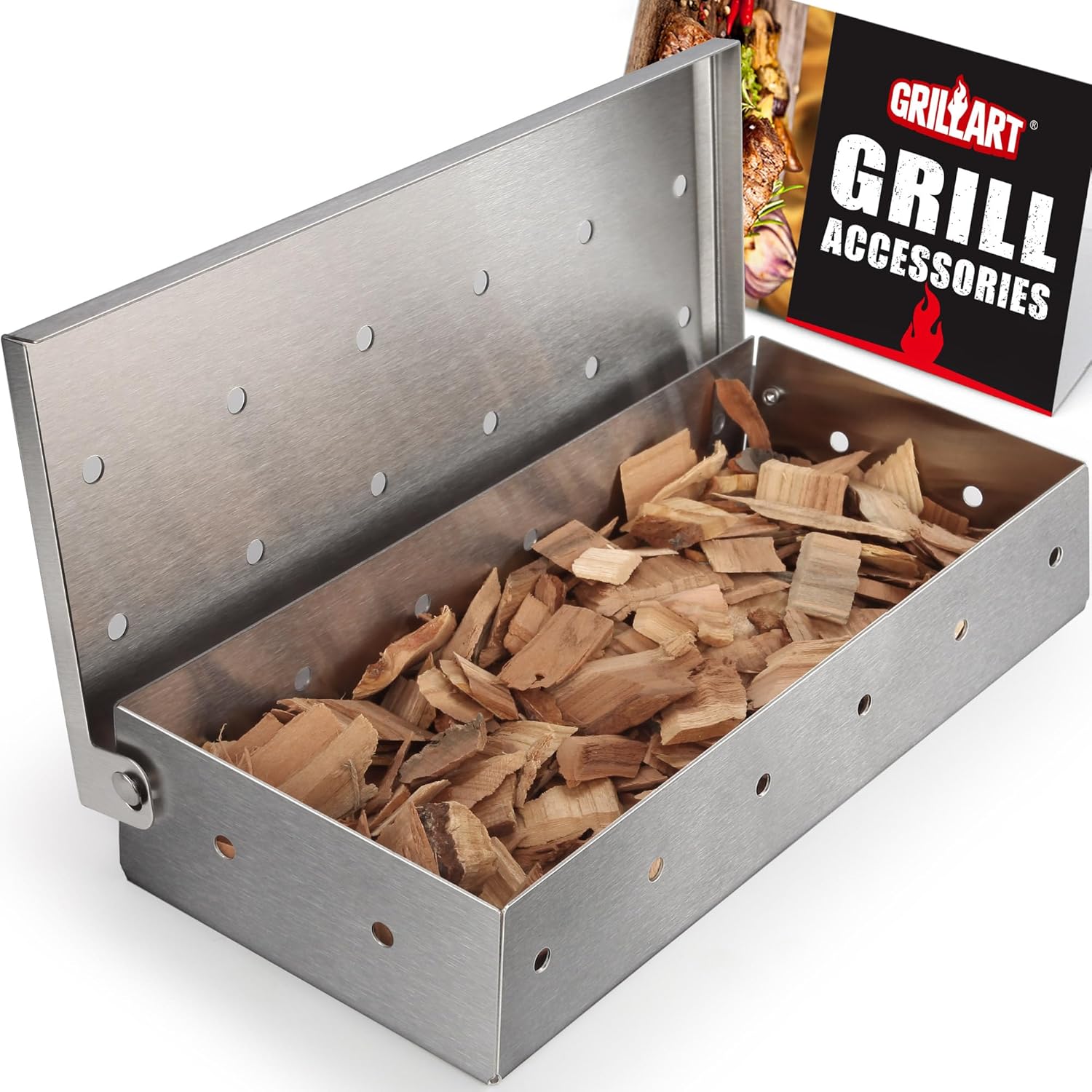 GRILLART Grill Smoker Box for Gas Grilling & All Grills, Thicker Stainless Steel Wood Chip Smoker Boxes Heavy Duty, Smoking Box Grill Accessories for Outdoor Grill, Grilling Gifts for Men