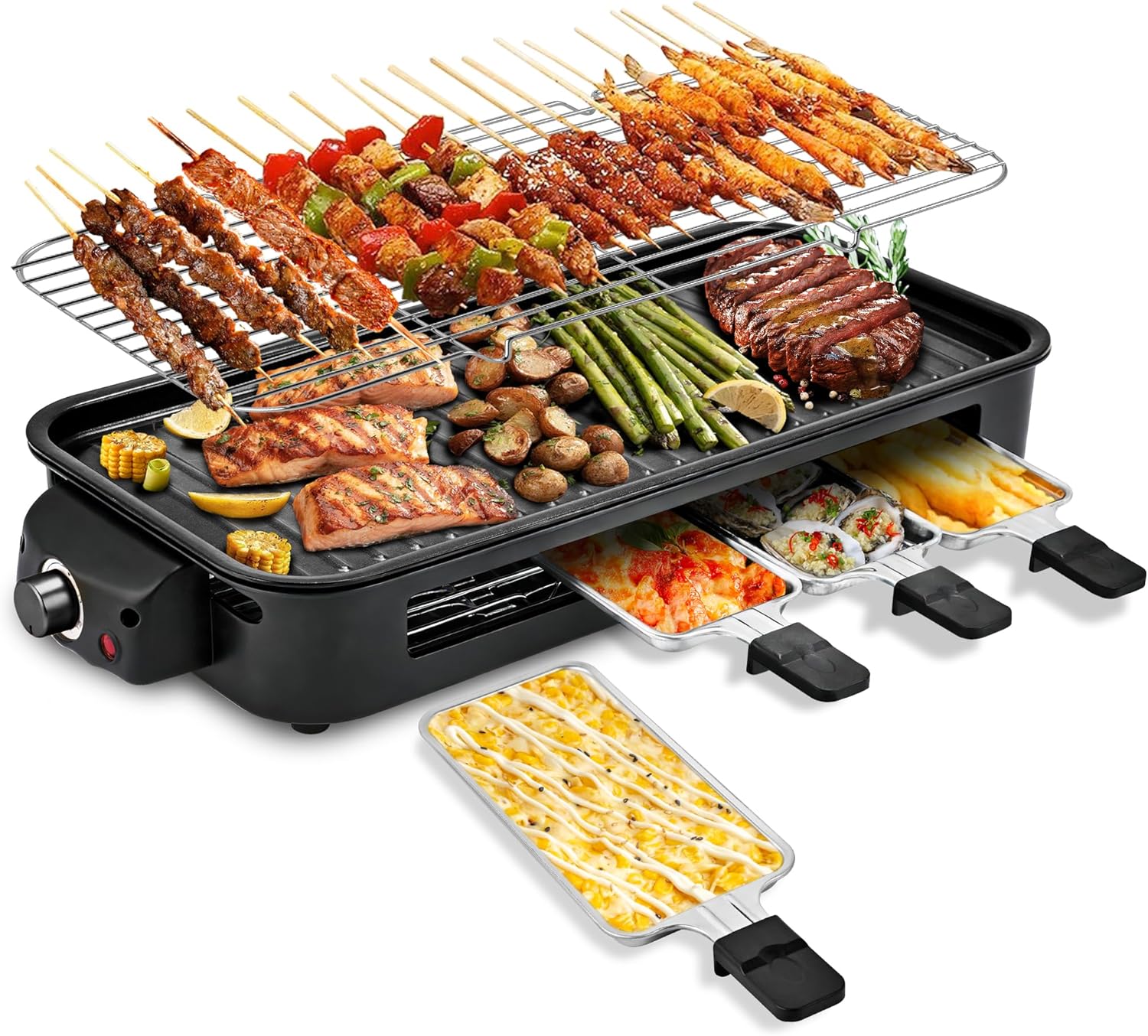 Pukomc Electric Indoor Grill,2 in 1 Indoor Grills for Kitchen with Grill Net & Non-Stick Cooking Removable Plate, Temperature Control, Dishwasher Safe, 1800W Large Smokeless Griddle Black