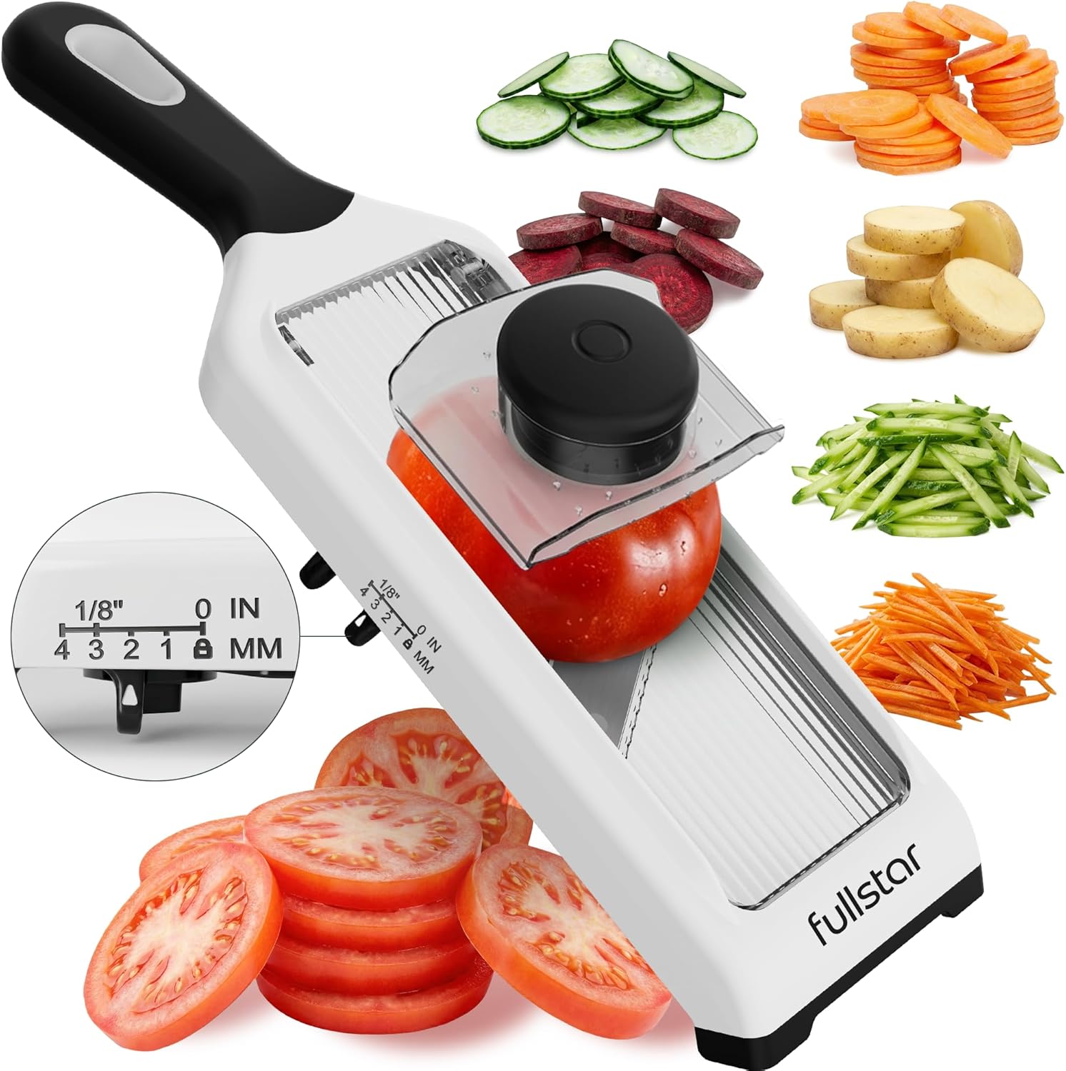 Fullstar 2-in-1 Handheld Mandoline Slicer for Kitchen – 4 Thickness Settings Vegetable Food Onion Slicer, Julienne Blade, Stainless Steel Guard, Easy to Use, Sharp Blades, Veggie Slicer & Fruit Cutter