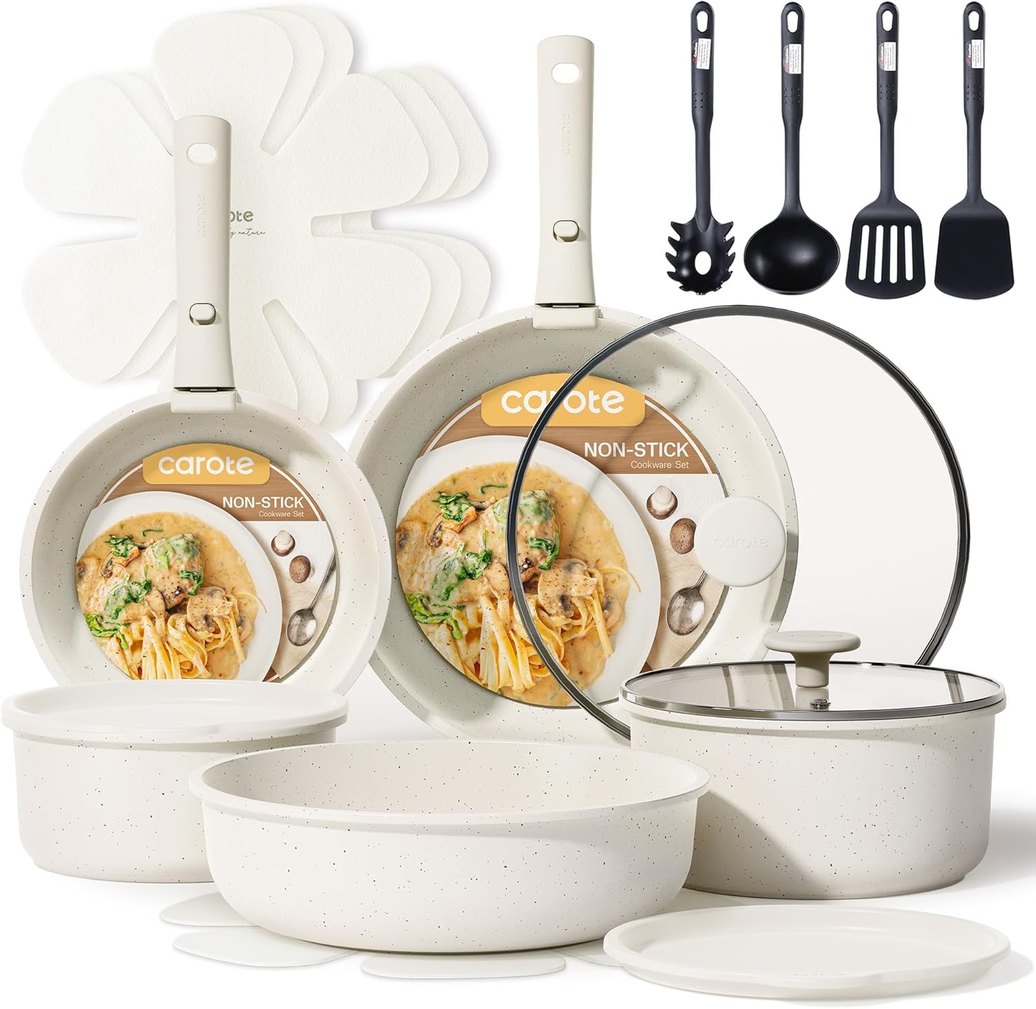 CAROTE 19pcs Pots and Pans Set, Nonstick Cookware Set Detachable Handle, Induction Kitchen Cookware Sets Non Stick with Removable Handle, RV Cookware Set, Oven Safe