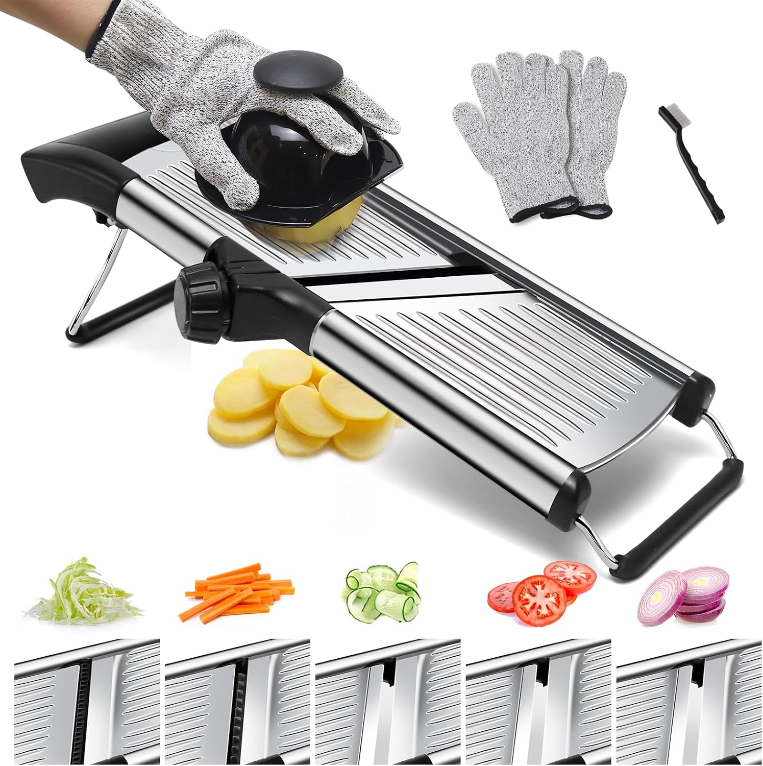 Mandoline Slicer for Kitchen, Stainless Steel adjustable Mandoline slicer, Non-Slip Mandolin with 4 Blades,Vegetable & Fruit Slicer for Potato,Tomato,onion,cucumber,with Cut-Resistant Gloves,Brush