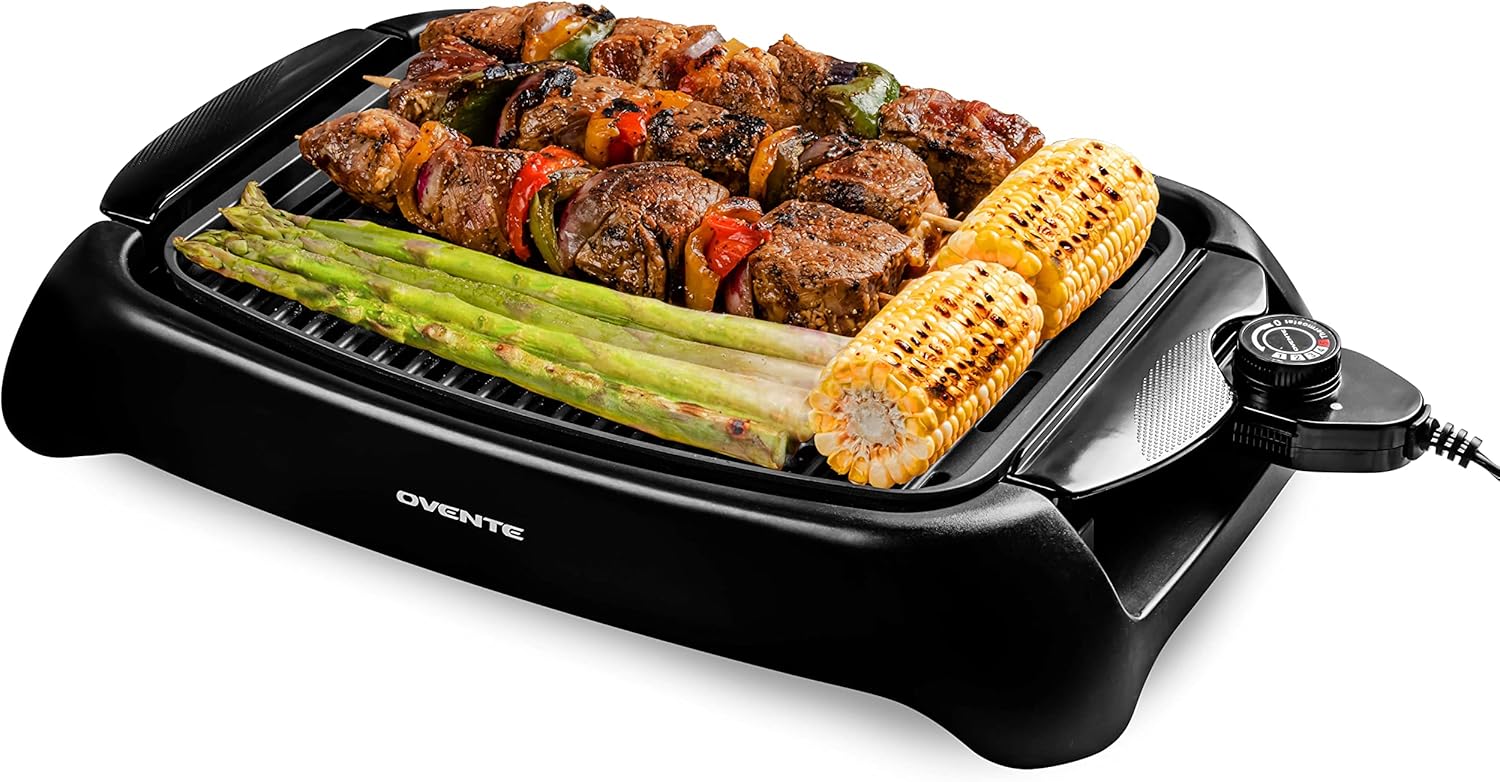OVENTE Electric Indoor Grill with 13×10 Inch Non-Stick Cooking Surface, 1000W Fast Heat Up Power, Adjustable Temperature, Removable and Dishwasher Safe Grilling Plate and Drip Tray, Black GD1632NLB