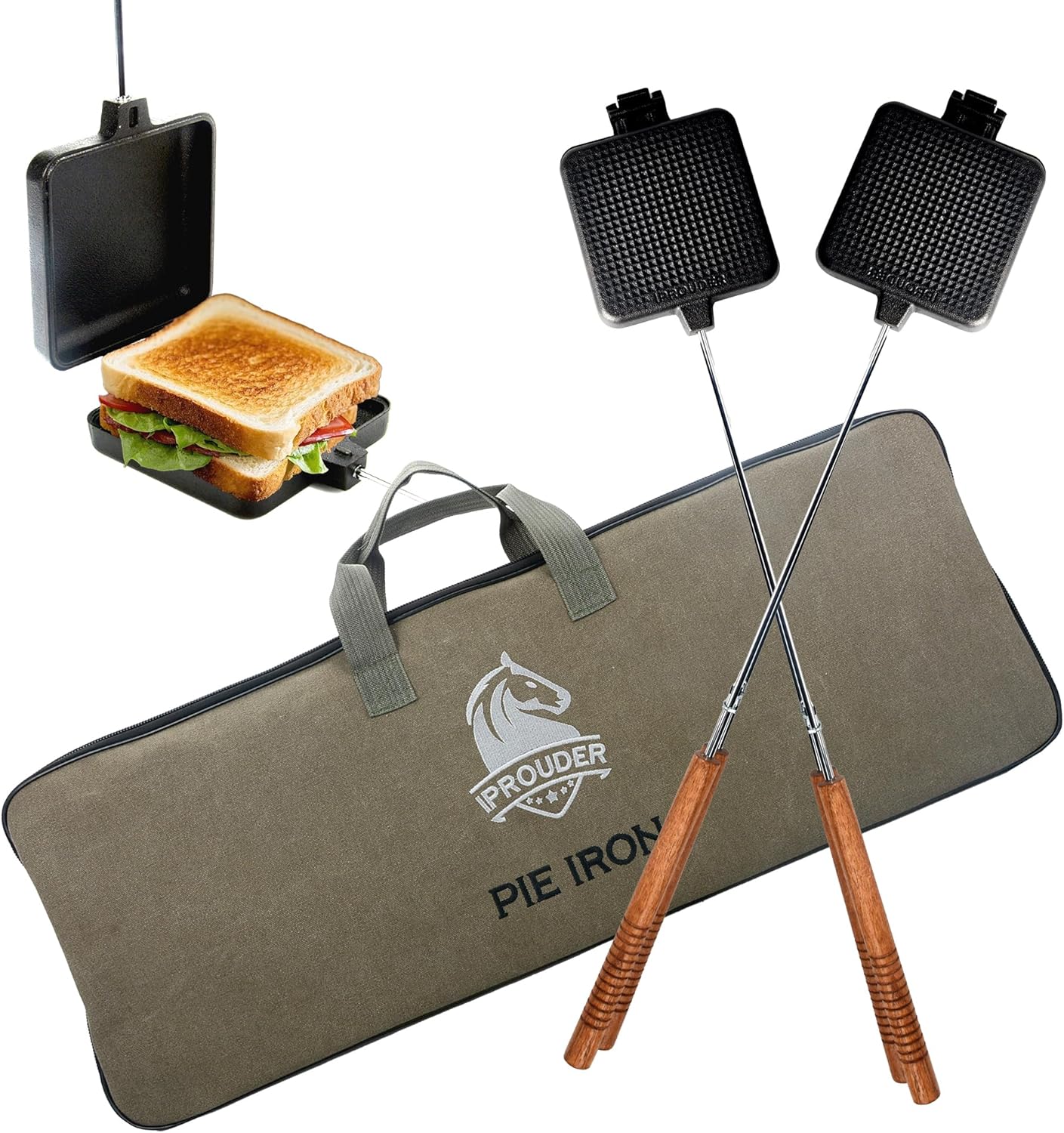 Campfire Pie Iron 4.9″ Large Cast Iron Sandwich Maker for Camping 2 Pcs with Storage Bag – 22.6 inch Thickened Handles – Campfire Cooking Equipment for Grilling & Outdoor Cooking