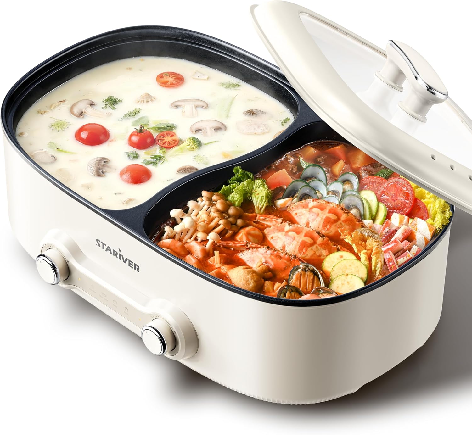 Stariver Hot Pot Electric with Divider, 7L Shabu Shabu Pot, 2-Temp Control (Separate Settings per Side) Non-Stick Hotpot Pot Electric, Perfect for Family Dinners & Parties