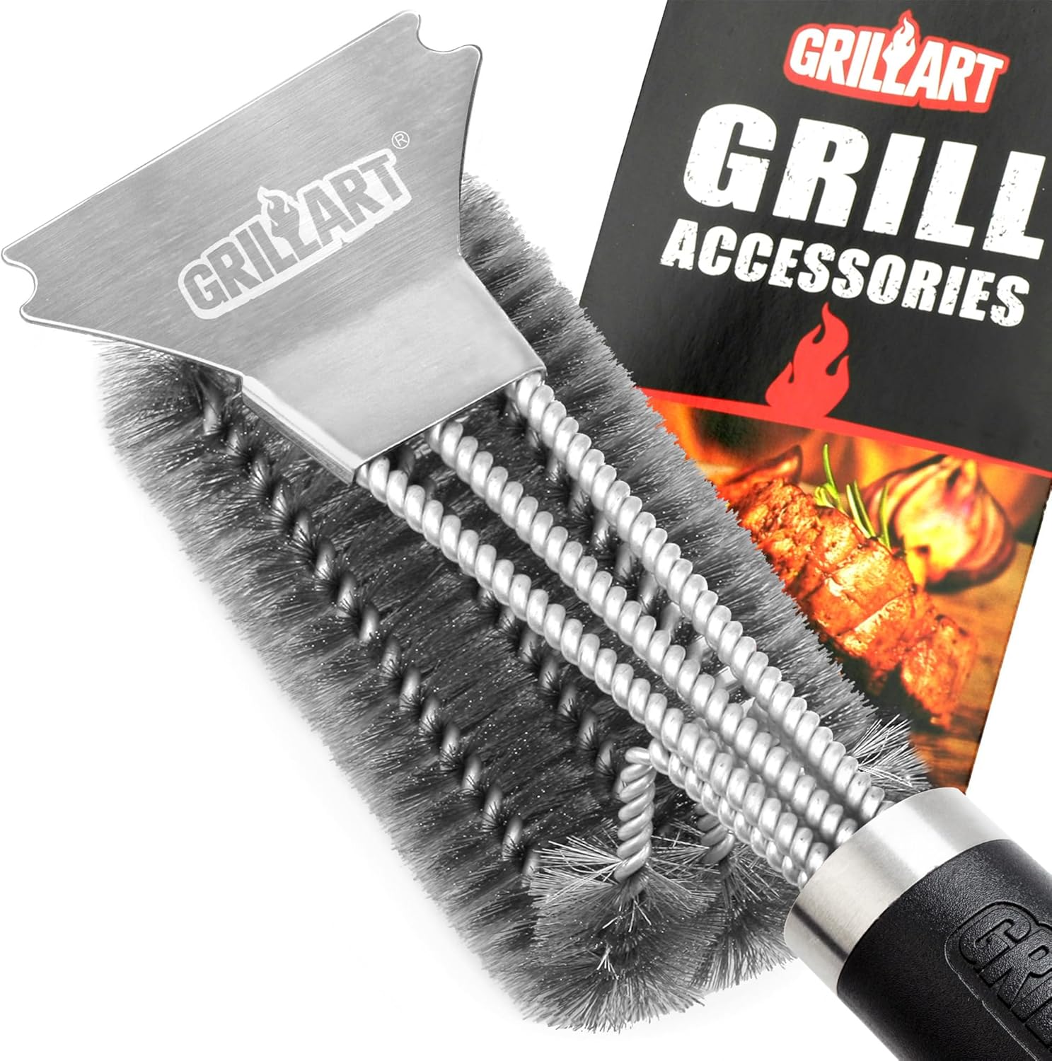 GRILLART Grill Brush and Scraper BBQ Brush for Grill, Safe 18″ Stainless Steel Woven Wire 3 in 1 Bristles Grill Cleaning Brush, BR-4516