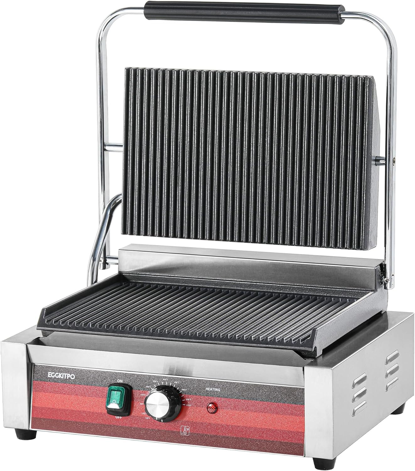 EGGKITPO Commercial Panini Press Grill with Grooved Plates Electric Sandwich Maker with Adjustable Temp Control 110V 1700W 14″×9.5″ Ribbed Enamel Plates for Breakfast and Hamburger in Home Kitchen