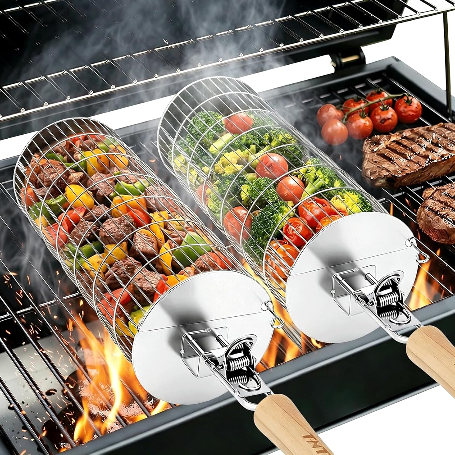 TNTOR Rolling Grill Basket, Larger 304 Stainless Steel Nesting Grilling Net, Removable Handle, BBQ Accessories Tools for Veg Shrimp, Outdoor Cooking Camping Father’s Day grilling gifts for men Dad
