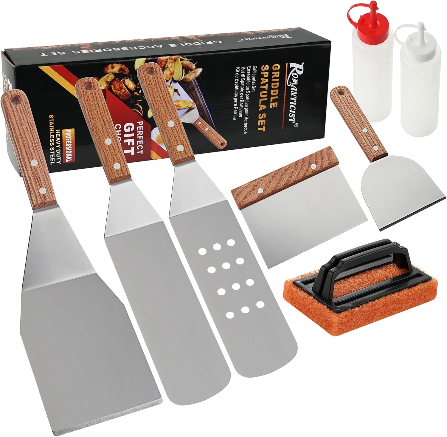 ROMANTICIST 8pcs Professional Griddle Accessories Kit – Heavy Duty Stainless Steel Grill Spatula Set for Grill Griddle Hibachi Flat Top Outdoor Cooking – Great Grill Gift on Birthday Wedding