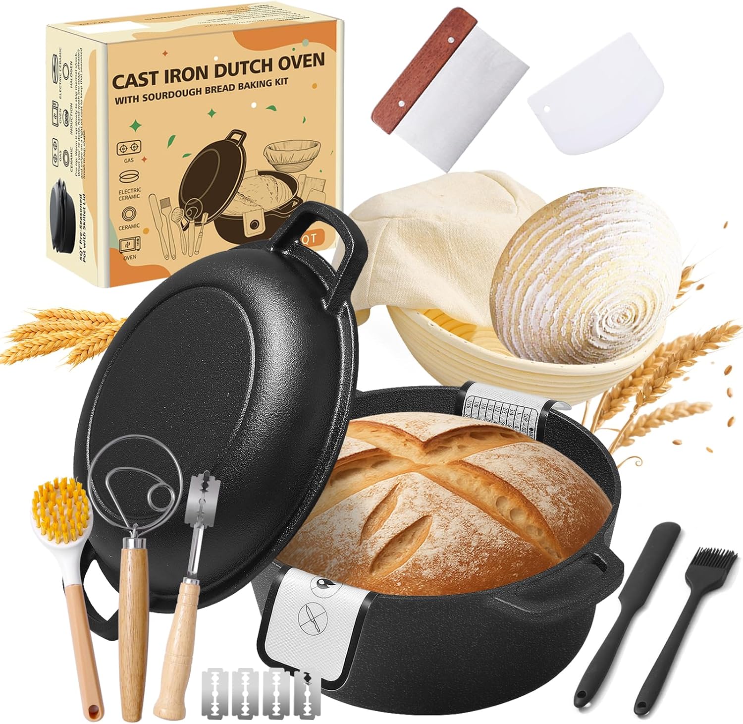 Pre-Seasoned Cast Iron Dutch Oven for Bread Baking – incl. Sourdough Bread-Baking Supplies like Proofing Basket, 2-in-1 Dutch Oven Pot with Skillet Lid and Dual Handles, Sour Dough Tools, Lame, 5QT