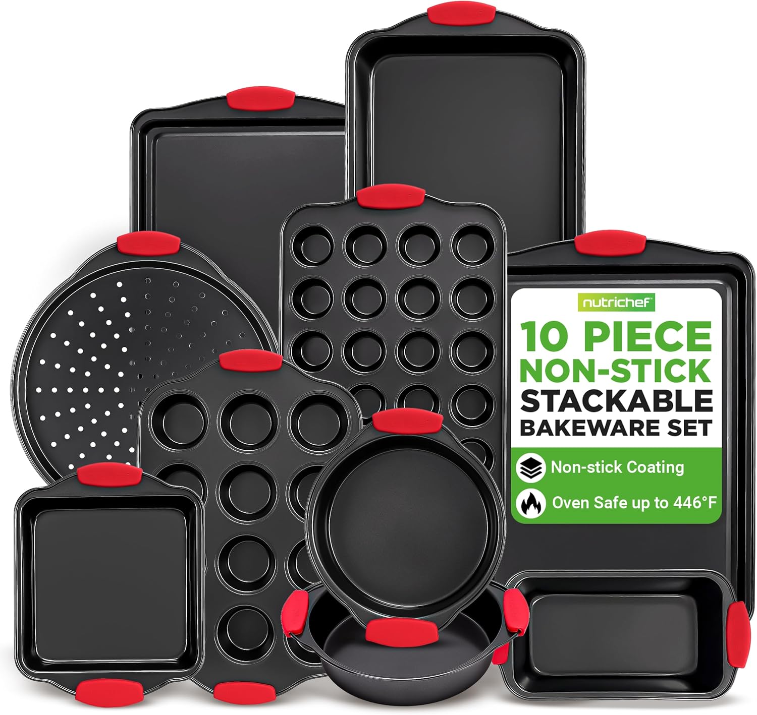 NutriChef 10-Piece Nonstick Kitchen Oven Baking Pans – Premium & Stylish Non-Stick Carbon Steel – Commercial Grade Restaurant Quality Metal Bakeware with Silicone Handles – Easy to Clean, NCSBS10S