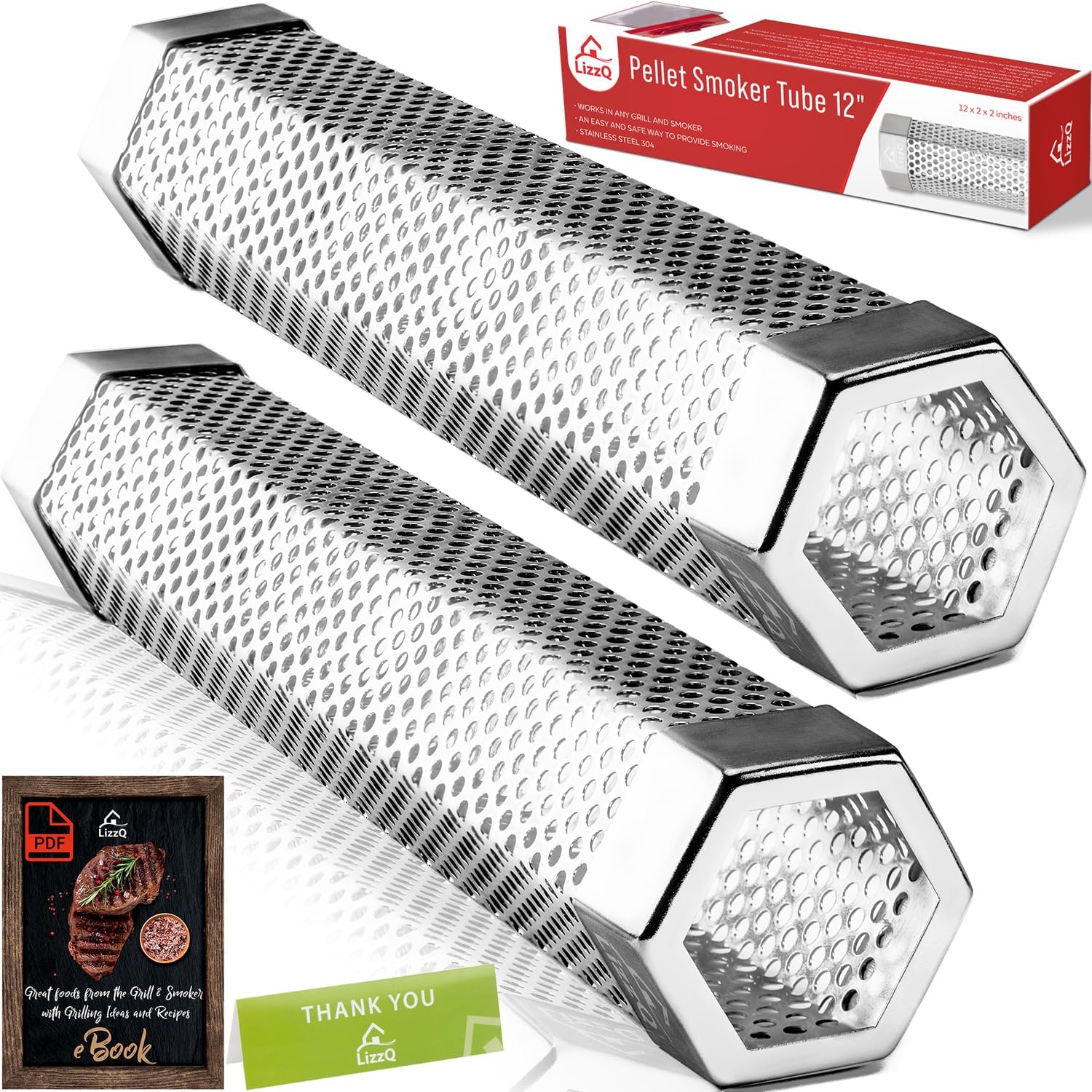 LIZZQ Premium Pellet Smoker Tube 12″ (Set of 2) – 5 Hours of Billowing Smoke, Hot or Cold Smoking, for Any Grill or Smoker, An Easy and Safe Way to Provide Smoking, Free eBook Grilling Ideas & Recipes