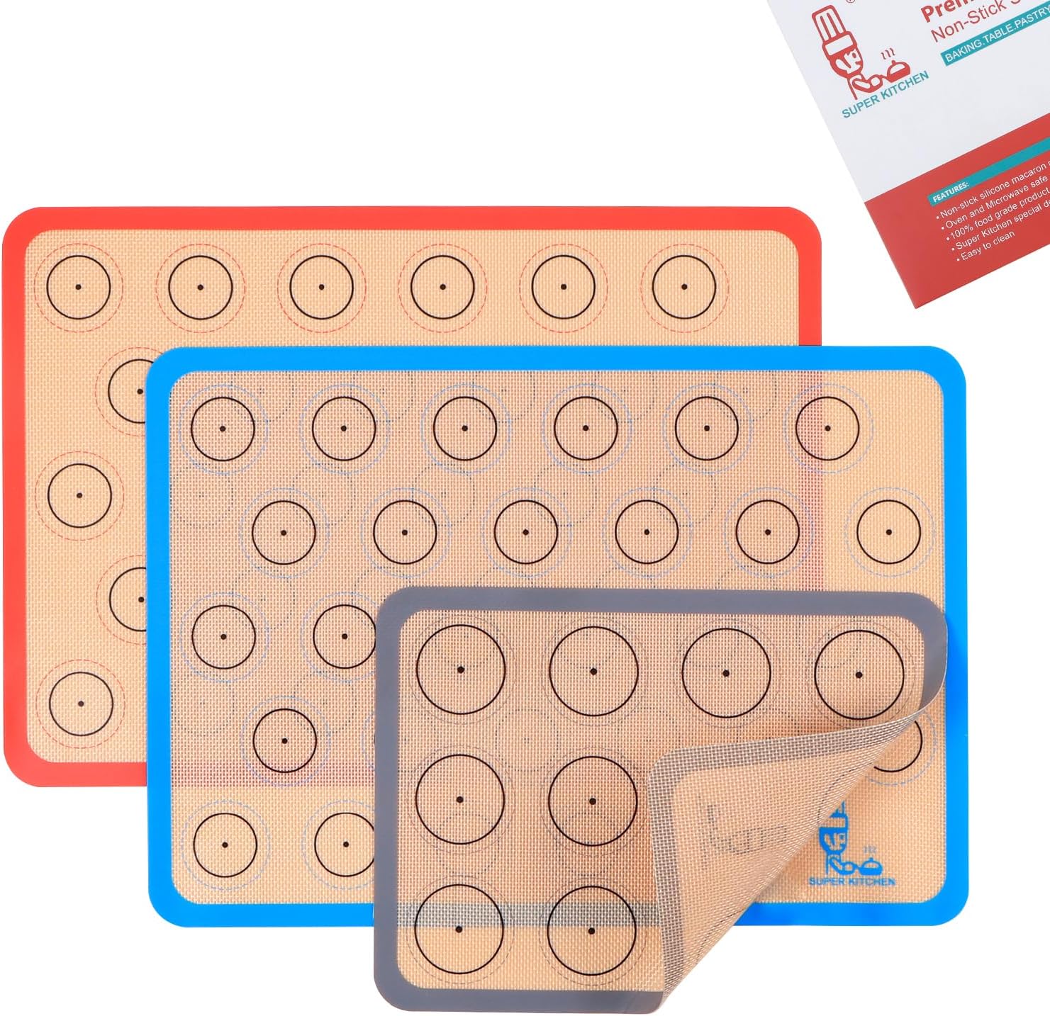 Silicone Baking Mat Macaron – Set of 3 (2 Half Sheet Liners and 1 Quarter Sheet), Non Stick Silicon Cookie Oven Liner For Macaroons, Bake Pans, Pizza, Toaster, Cake and Bread Making (Red,Blue,Gray)