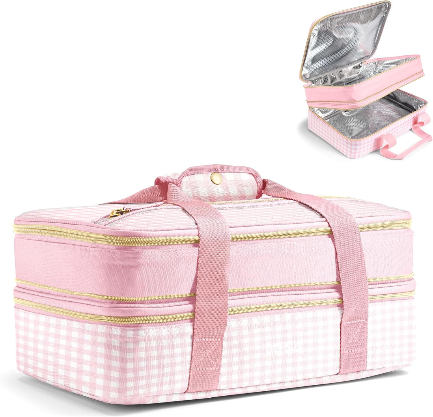 Fit & Fresh Insulated Casserole Carrier – Double Decker Food Carrier Fits Two 9×13 Dishes, Expandable Hot & Cold Food Transport Bag with Zipper Pocket for Potluck, Easter & Travel, Pink Gingham