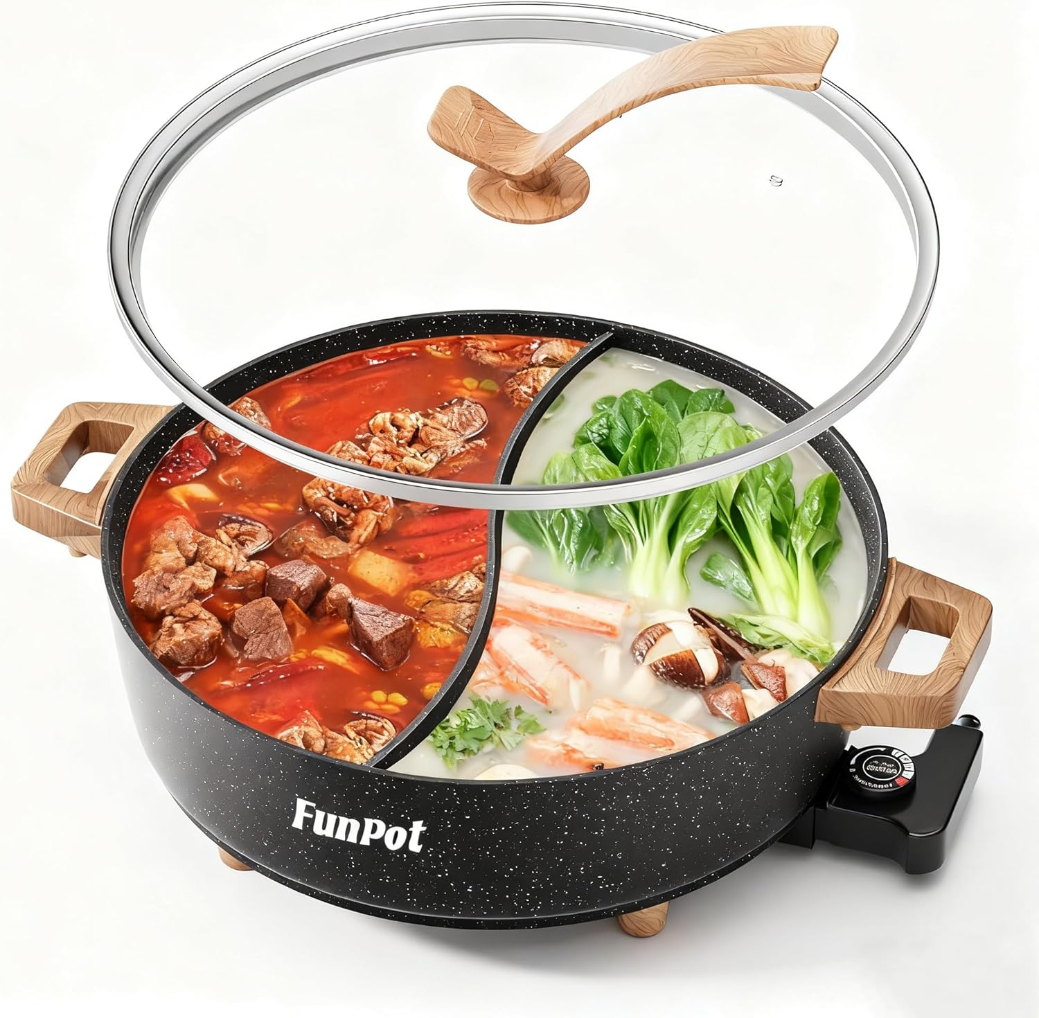 Electric Twin Compartment Hot Pot with Divider, Diamond grid embossed base, 1350W Temperature control, Large 6-Litre Capacity, Compact Woodgrain handles with Hollow Design