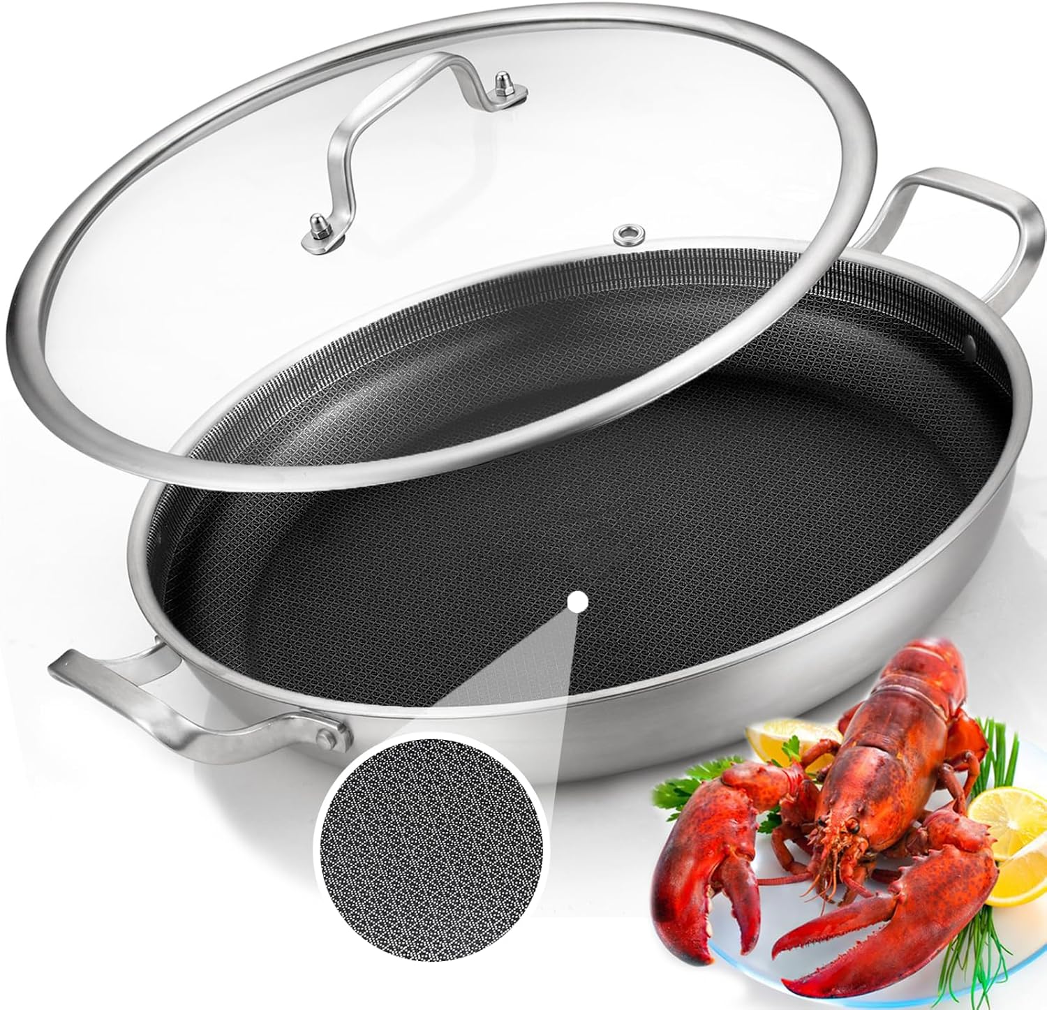 Yeksum Tri-Ply 14.5 Inch Stainless Steel Paella Pan,12 Servings Paella Pan with Lid,18/10 Nonstick Large Skillet,Jumbo Cooker,Induction Pan,Skillets,for Outdoors,Camping,Parties
