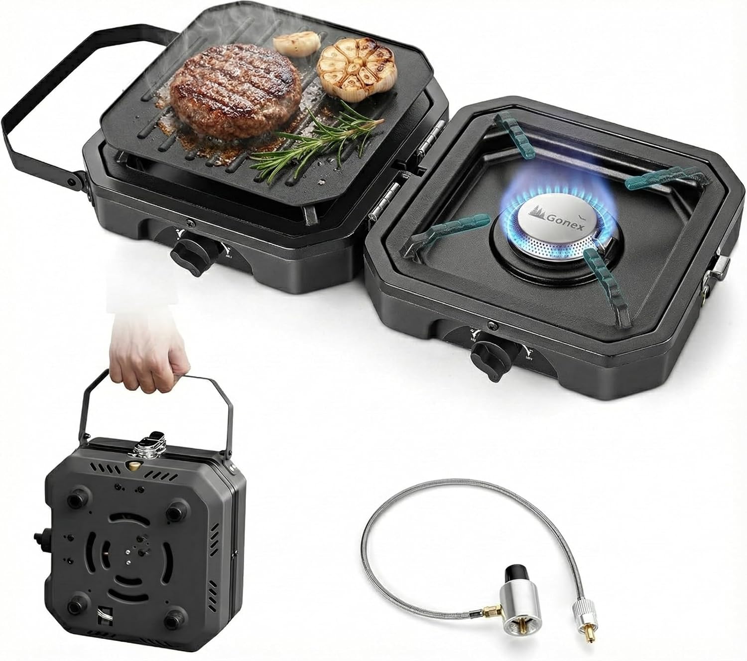 Gonex 2 Burner Propane Camping Stove with Griddle & Grates, Portable Foldable Cooking Stove with Total 16,000 BTU, Two Piezo Ignition Adjustable Burners for Camping, Patio, Emergency, Hiking (Black)