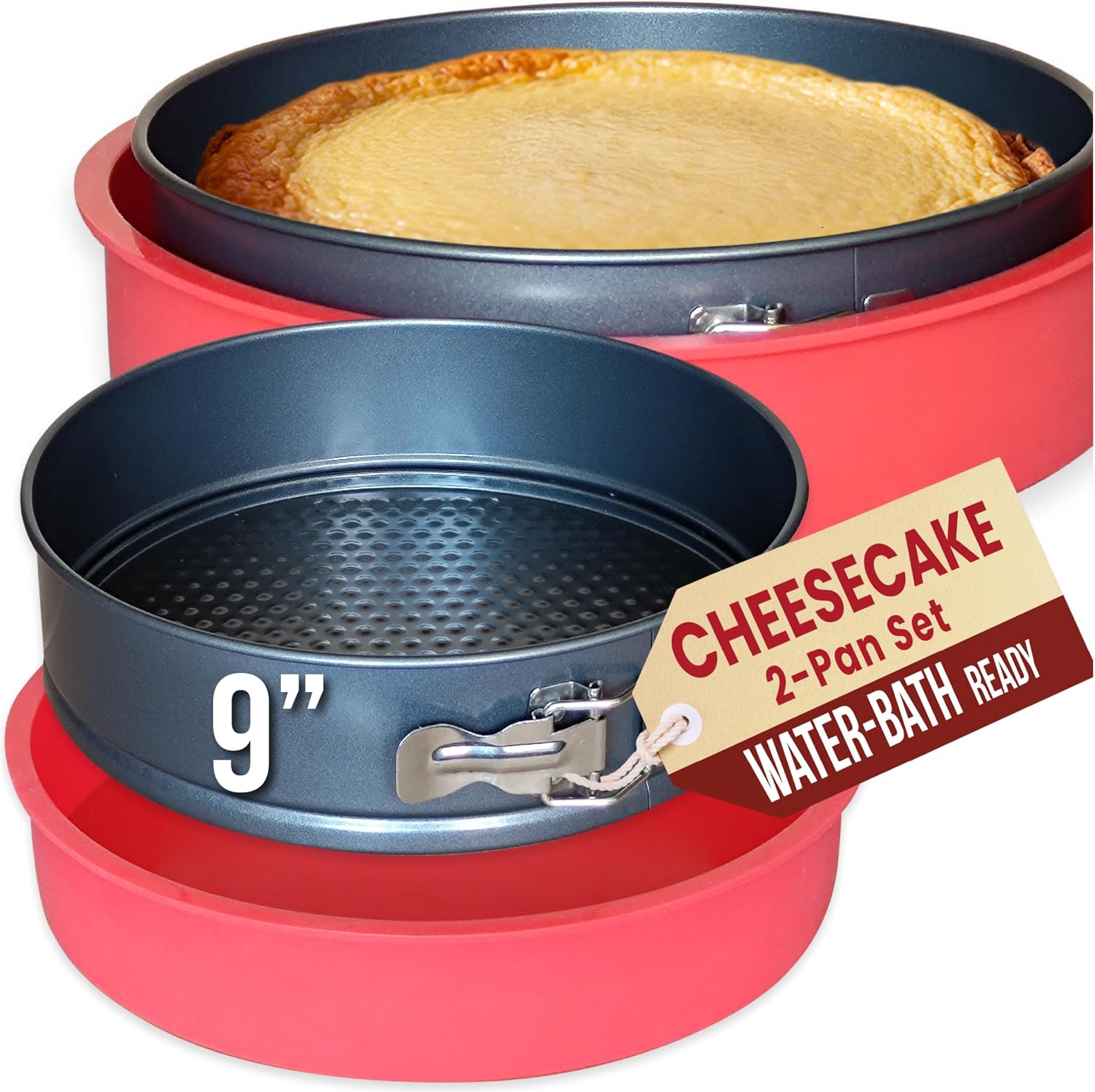 Springform Pan 9 Inch NONSTICK – Cheesecake Pan with Silicone Sleeve – NO LEAKS in Water Bath – No Foil Wrap Needed – Easy Cake Release – Sturdy Build – Heavy-Gauge Carbon Steel 0.4 mm