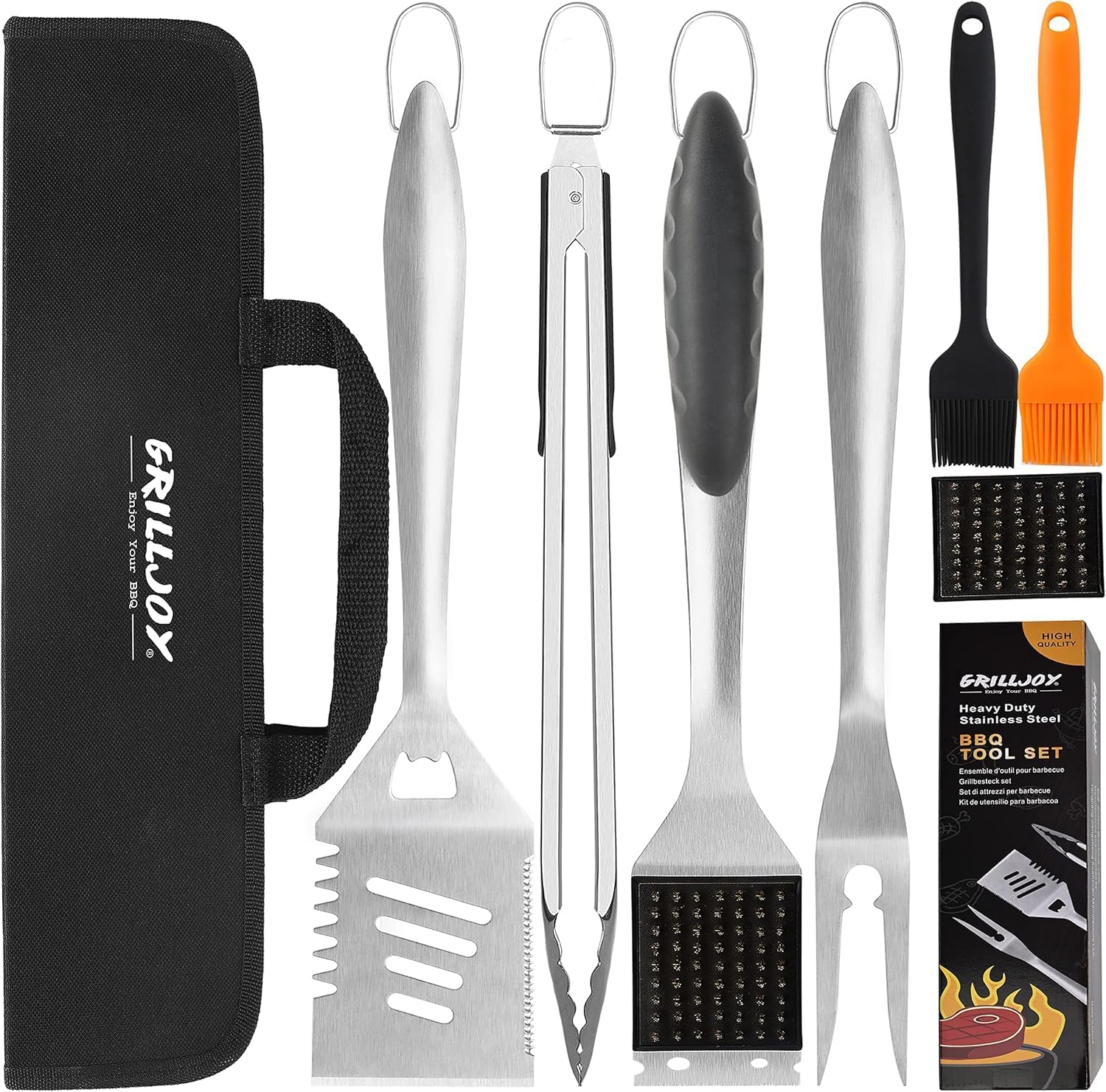 grilljoy 8PCS BBQ Grill Tools Set with Extra Thick Stainless Steel Spatula, Fork, Tongs & Cleaning Brush – Complete Barbecue Accessories Kit with Portable Bag – Perfect Grill Gifts for Father’s Day