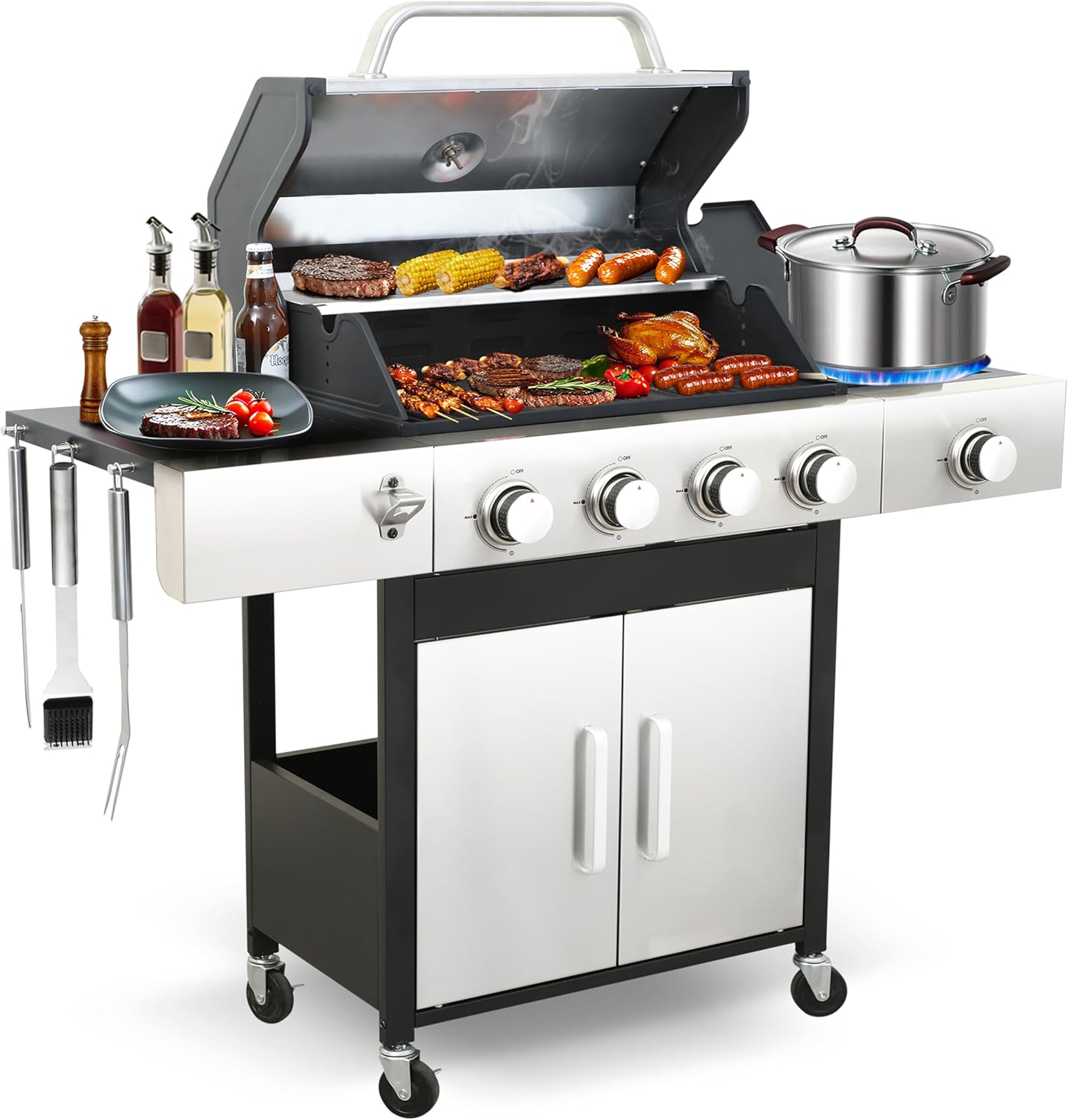 49000 BTU Output Propane Gas Grill with Side Burner and 4 Main Burners – Double-layer Stainless Steel Lid, Cast Iron Grids and Plate, Easy-Clean Grease Management for Perfect BBQs