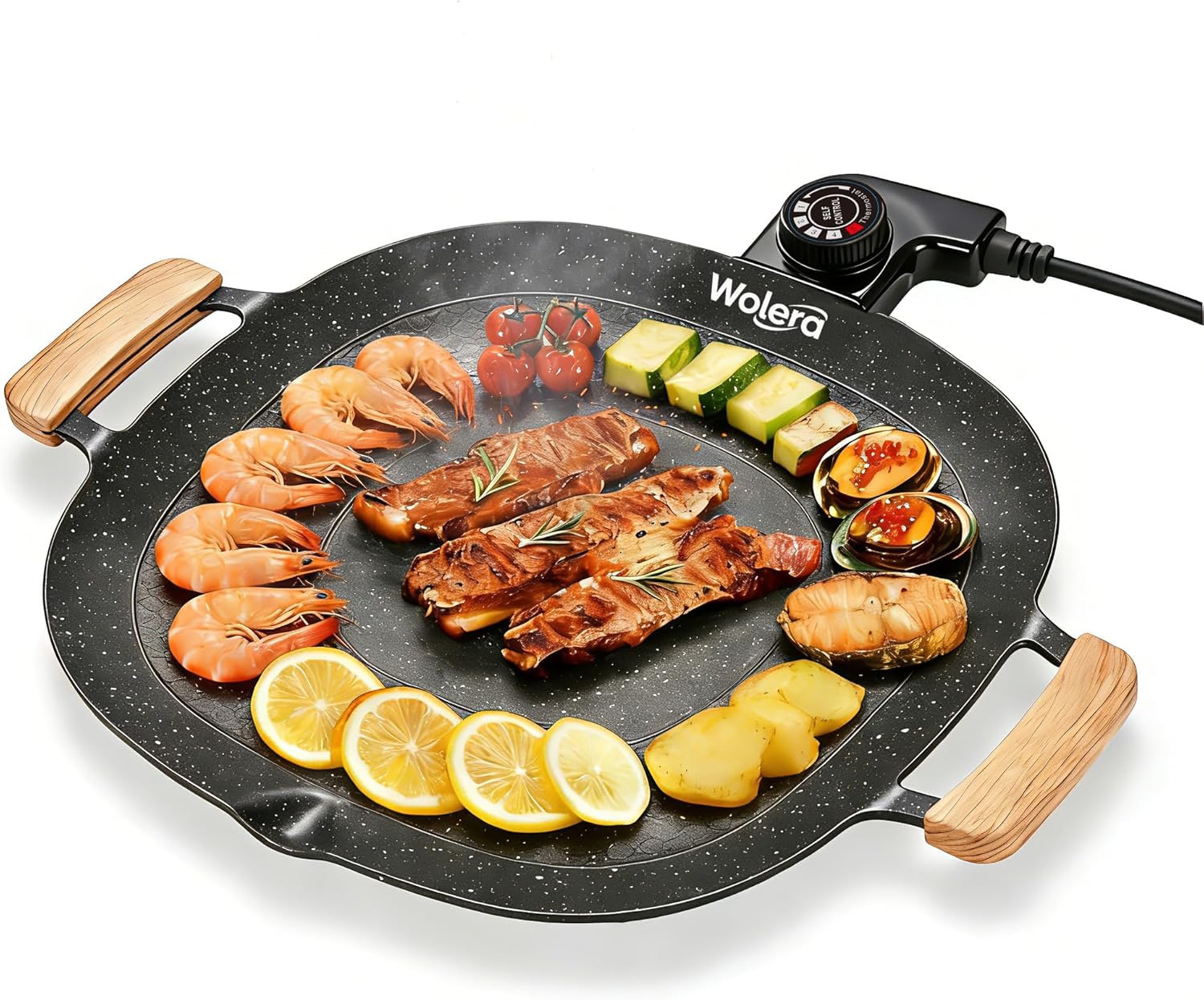 Smokeless Indoor Electric BBQ Grill with Wooden Handles – Adjustable Temp Nonstick Griddle, Perfect for Steak, Pancakes & Low-Fat Meals, Easy to Clean & Dishwasher Safe