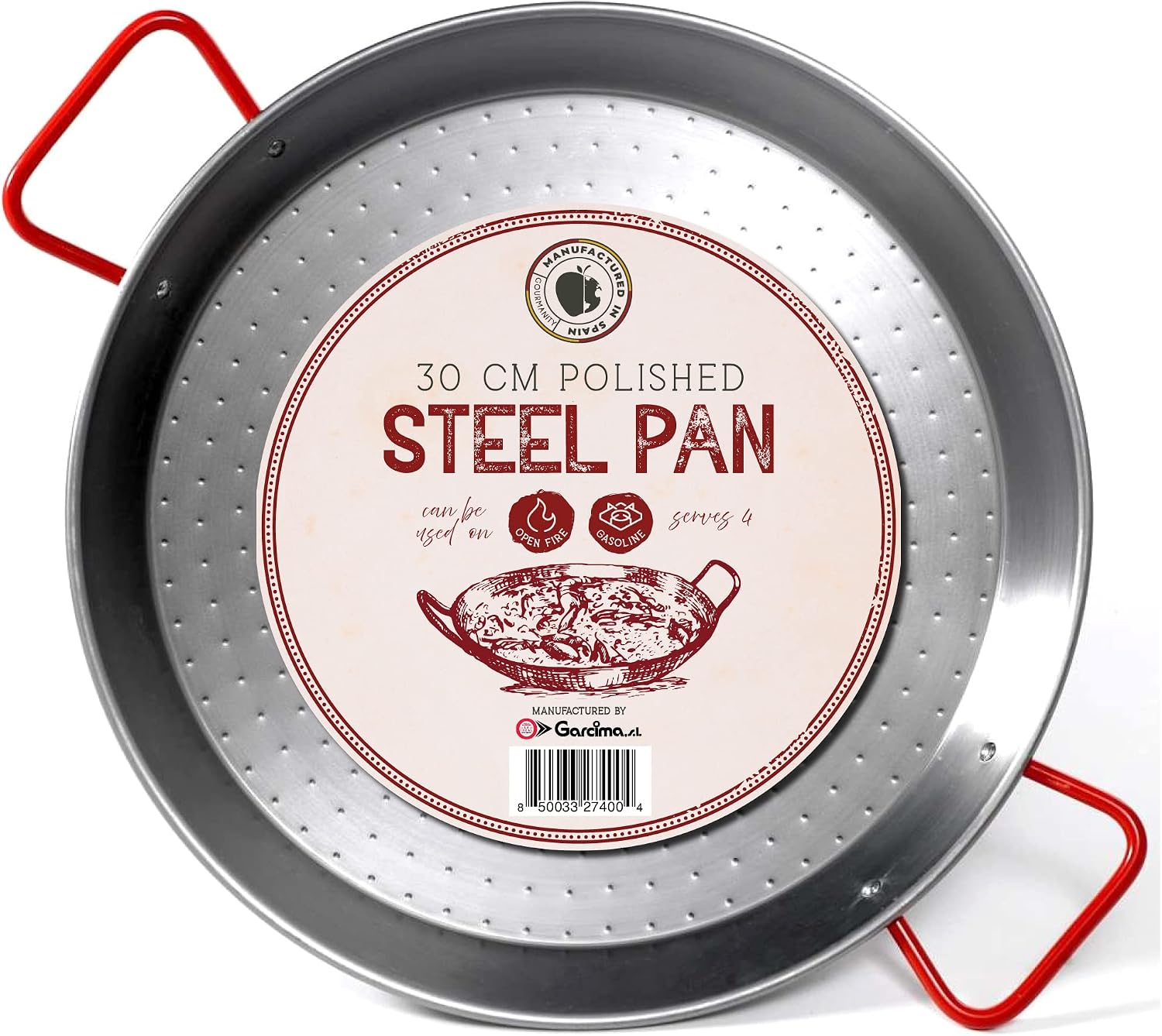 Gourmanity 12 inch Carbon Steel Paella Pan, 30cm Polished Steel Large Skillet From Spain, Great for Paella Parties Indoors, Outdoors, Camping & More, Imported Spanish Paellera, Made by Garcima