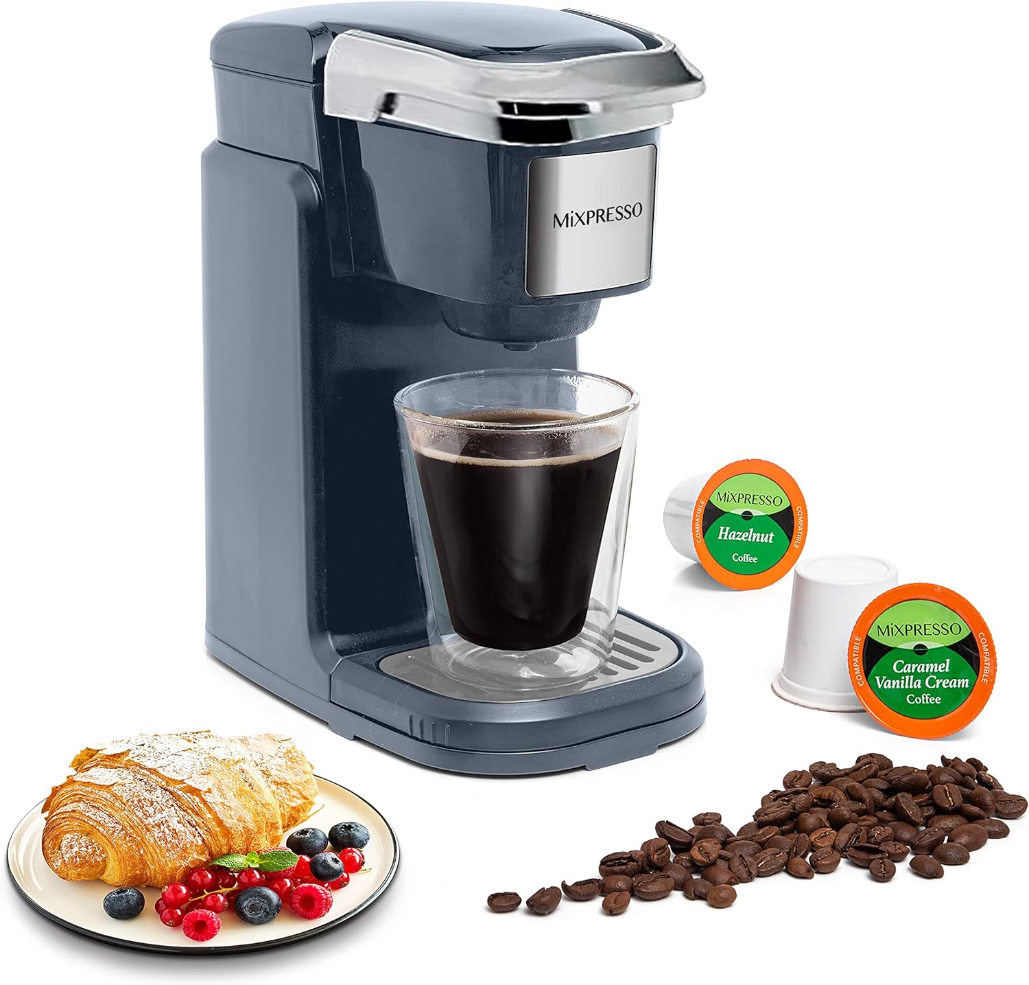 Mixpresso Single Cup Coffee Brewer – Quick Brew, One Touch Function, 12oz One Cup Grey Coffee Maker