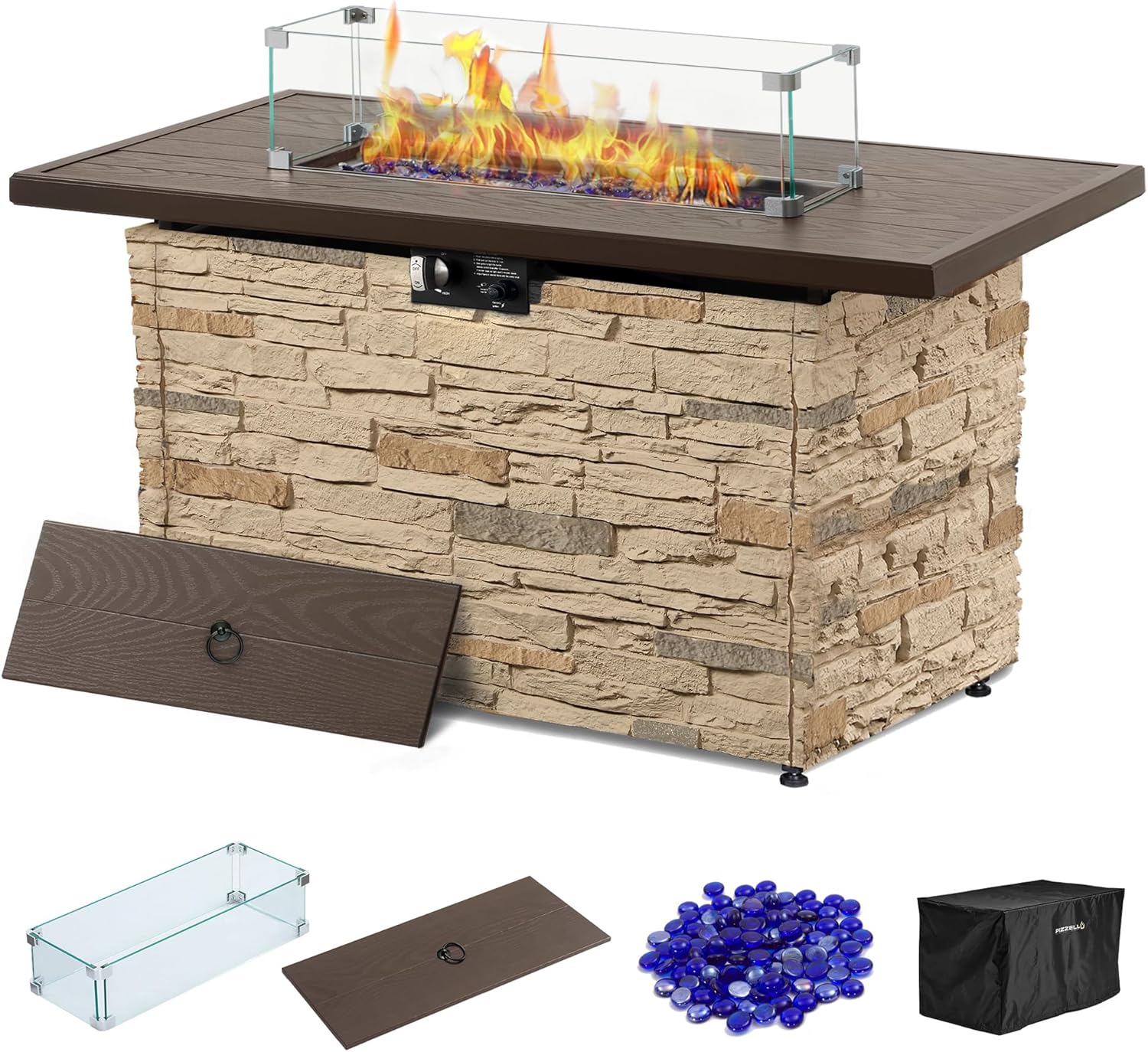 PIZZELLO 43 Inch Propane Fire Pit Table Outdoor Stone Firepit Table Rectangular 50000 BTU Gas Firepits for Outside Patio with Wind Guard, Table Lid, Fire Beads, Cover, Pizzello Caldo (Buff)