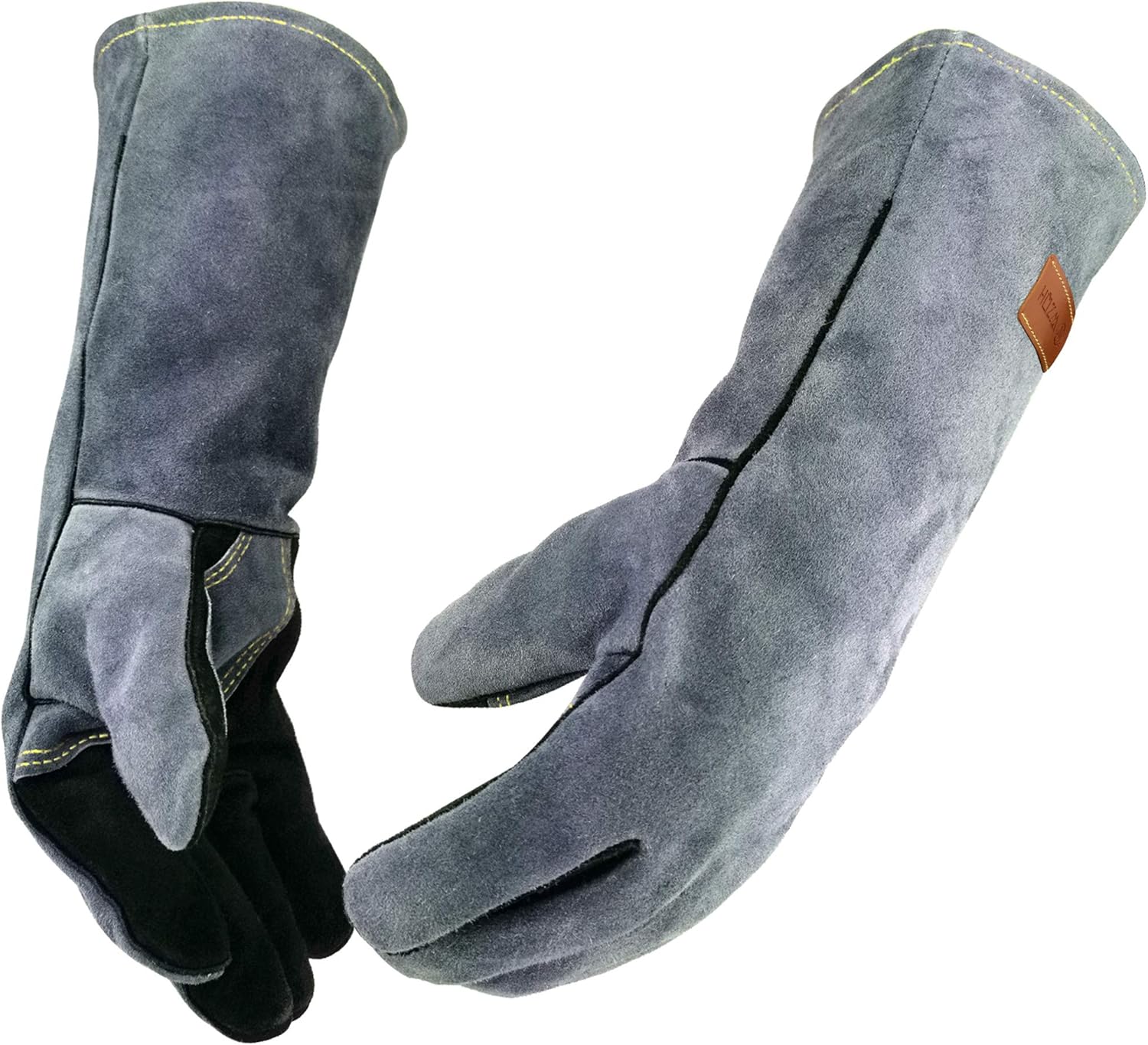 WZQH 16 Inches,932℉,Leather Welding Gloves, Heat/Fire Resistant,Large Mitts for BBQ,Oven,Grill,Fireplace,Tig,Mig,Forge,Baking,Furnace,Stove,Pot Holder,Animal Handling Glove.L Black-gray