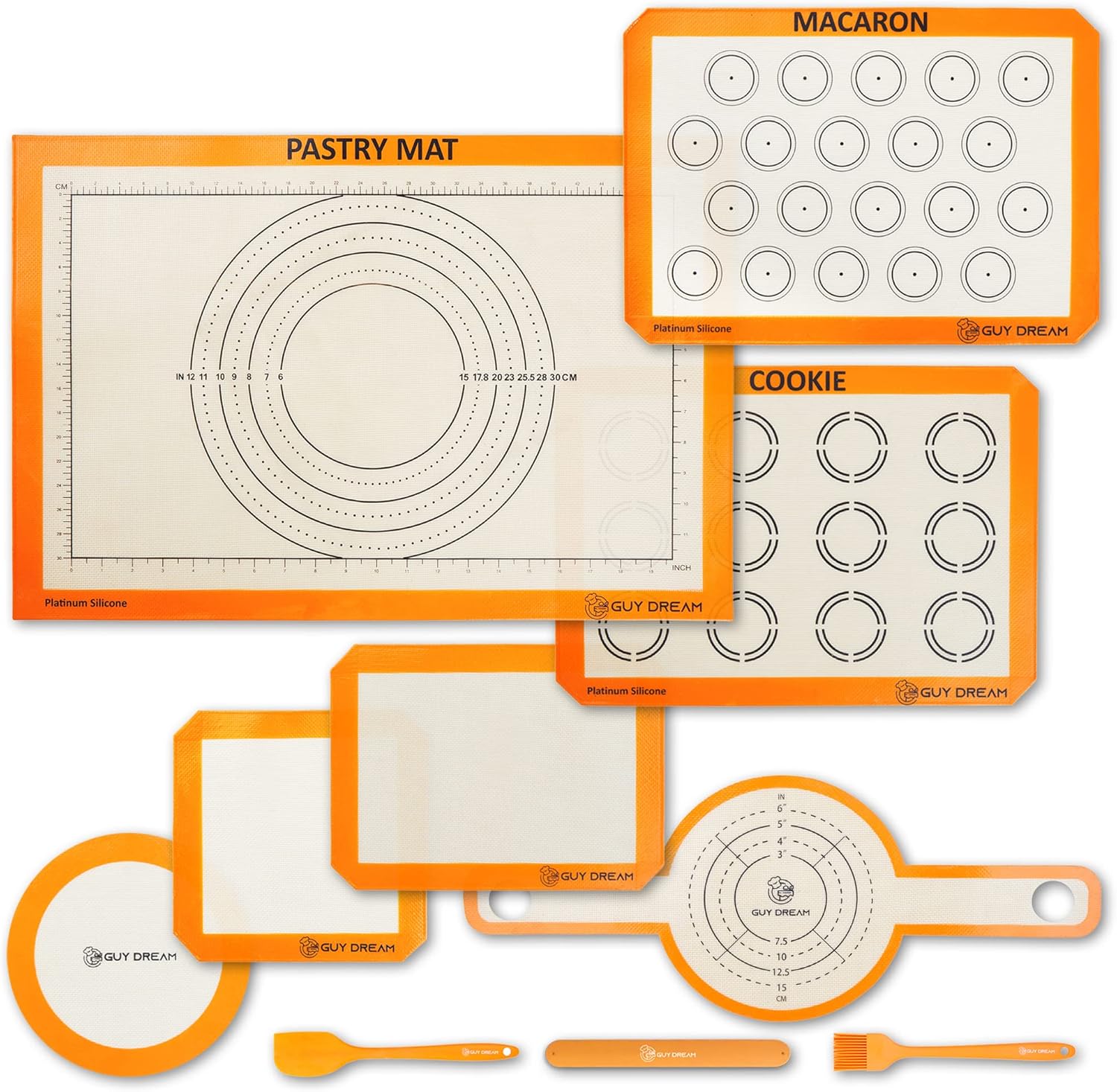 GUY DREAM All-in-One Silicone Baking Mat Set – Kneading Mat, Cookie & Macaron Half Sheet, 1/4 Sheet Mat, Square & Round Cake Mats, Artisan Bread Sling- Ideal Gift for Baking