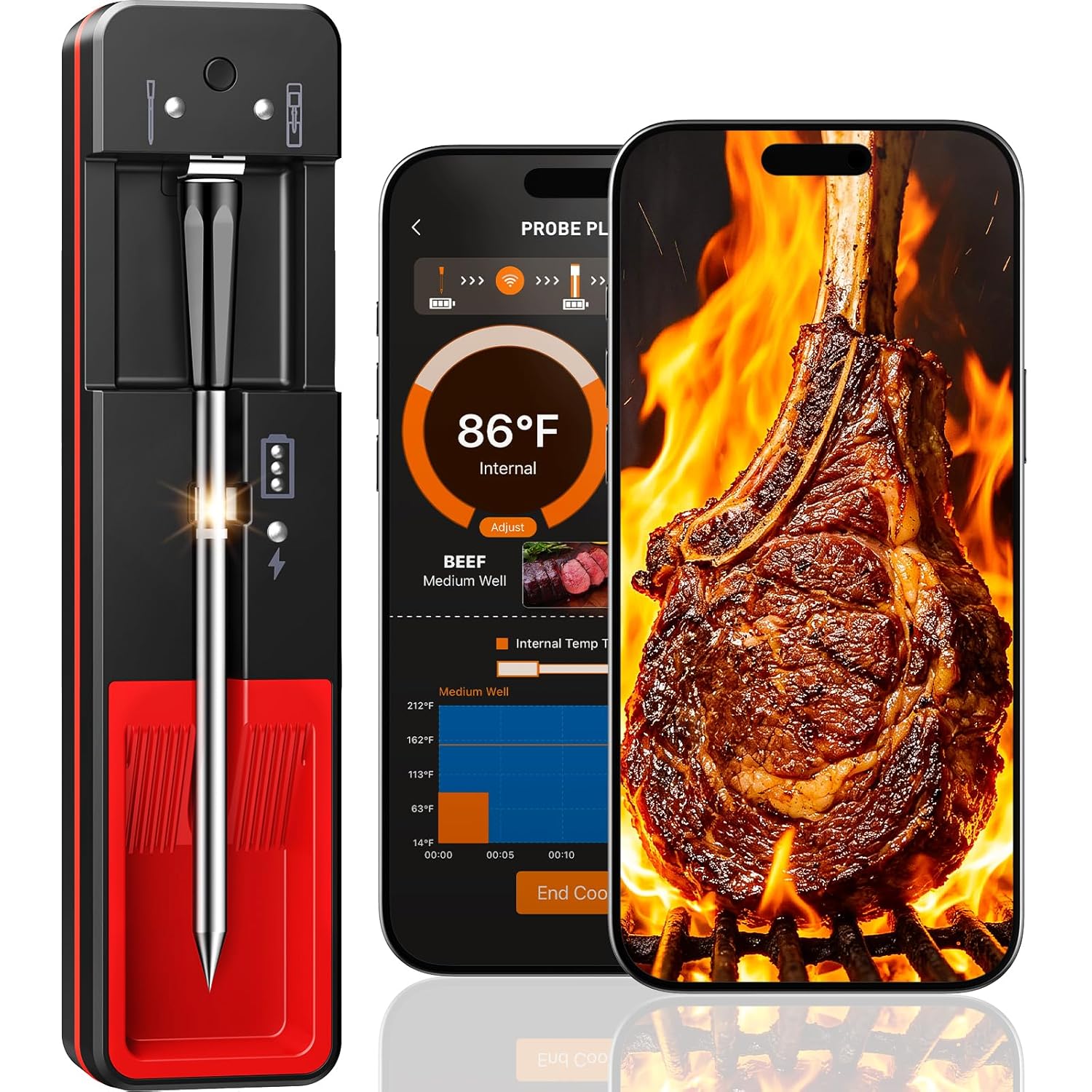 Smart Bluetooth Wireless Meat Thermometer Digital, 6 Accuracy Sensors, 0.5S Instant Read Food Thermometer, 2-in-1 100H Battery Fast Charge Base, APP Control & Custom Menu for BBQ, Grill, Smoker, Oven.
