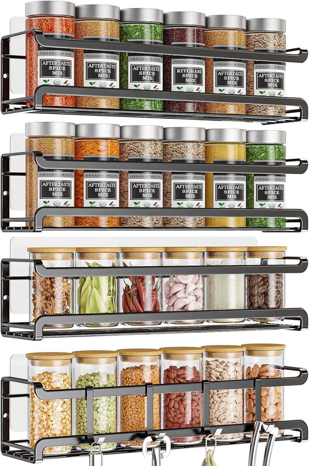 Bunoxea Spice Rack Wall Mounted 4 Pack, Black,For Spice Jars & Seasonings | 4 Removalble Hooks,Screw or Adhesive Hanging, Space-Saving,For Kitchen Cabinet, Pantry Door,Stove,RV Use,11.41×2.75×2.75in