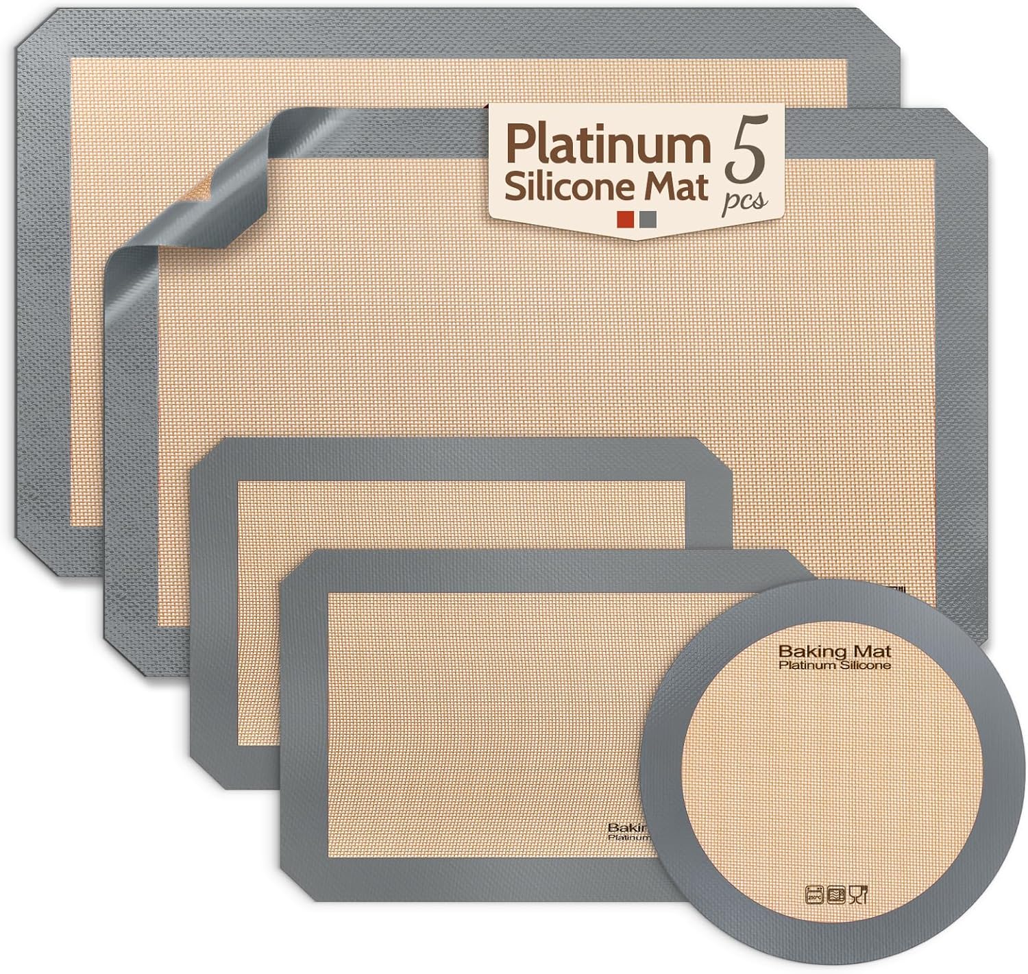 Silicone Baking Mat, Extra-Thick Platinum Silicone, Non-Stick Food Grade Baking Sheet Liners Set of 5, Reusable Dishwasher Safe, 2 Half Sheet + 2 Quarter Sheet + 1 Round 9″, Sopito