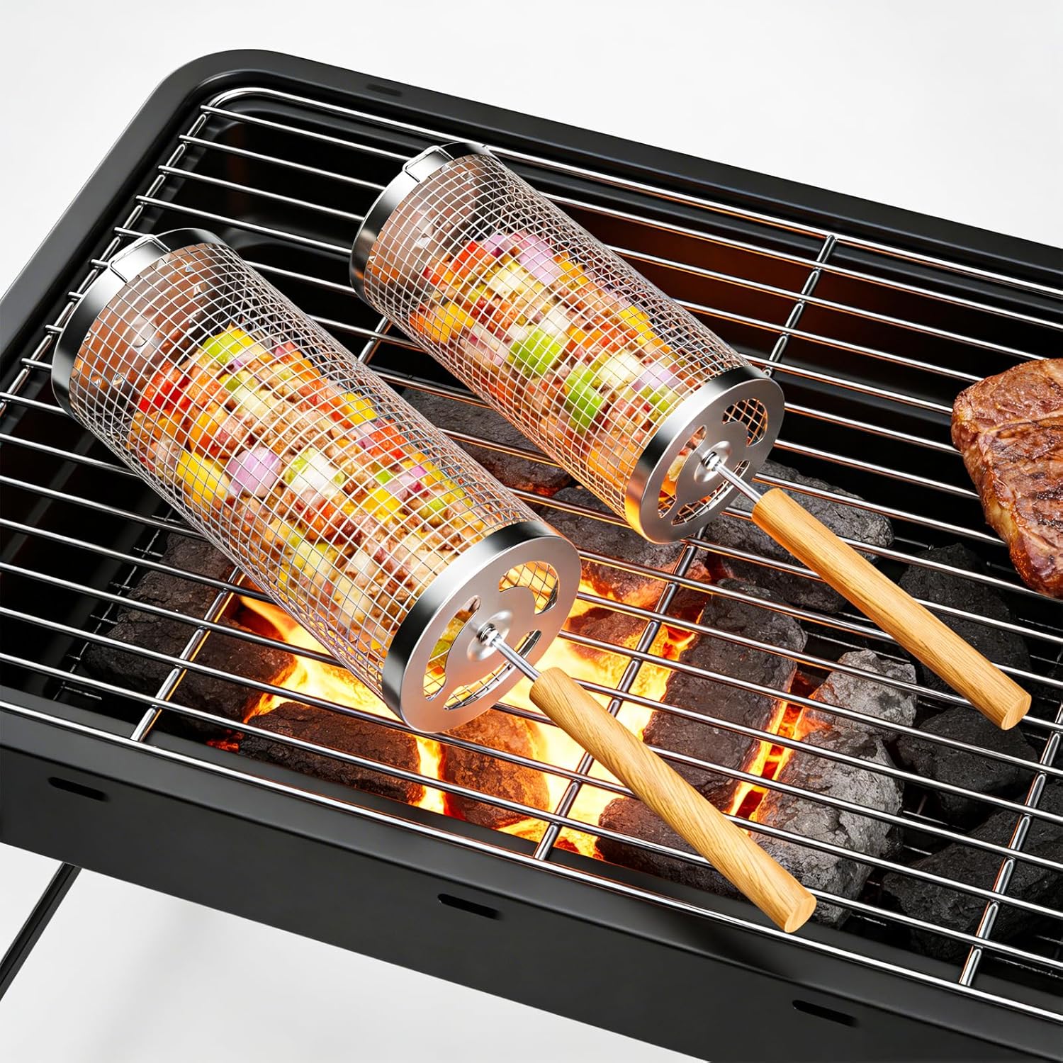 Rolling Grill Basket 2-Pack 304 Stainless Steel Grill Basket with Removable Wooden Handle, BBQ Grilling Net for Vegetables Shrimp veggie, Portable Camping Grill Accessories, Best Gifts for Dad/Husband/Men