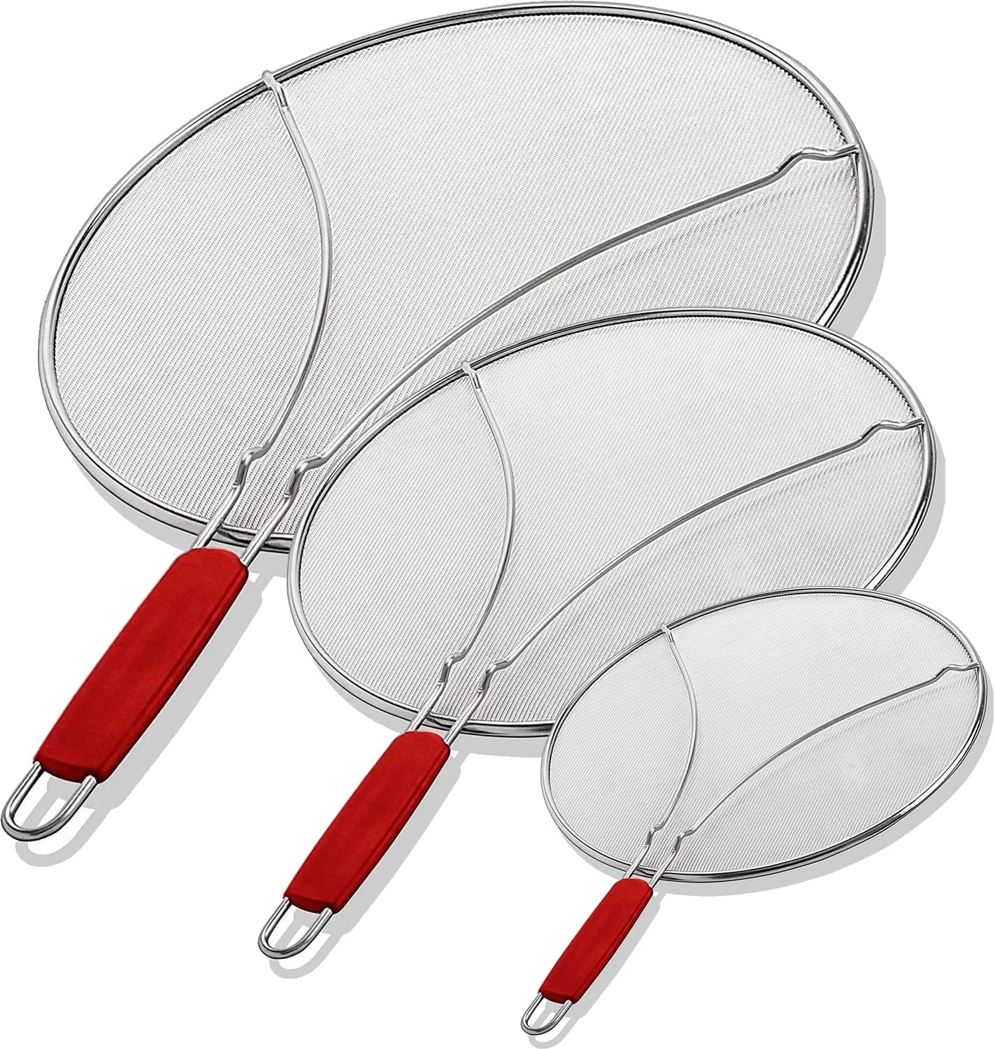 Alpha Living 60134ST Set of 3 Splatter Screens – 13″, 11.5″, and 9.5″ Stainless Steel Fine Mesh, Comfort Grip Handles – Grease & Oil Guard for Frying Pans, Boiling Pots, Safe Cooking Lid Set of 3