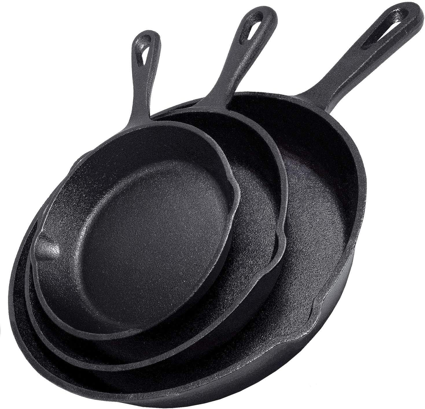 Cast Iron Skillet 3-Piece Set w/Cookbook – Heavy-Duty Professional Restaurant Chef Quality Pre-Seasoned Pan Cookware – 10″, 8″, 6″ Pans – For Frying, Saute, Cooking, Pizza – Black