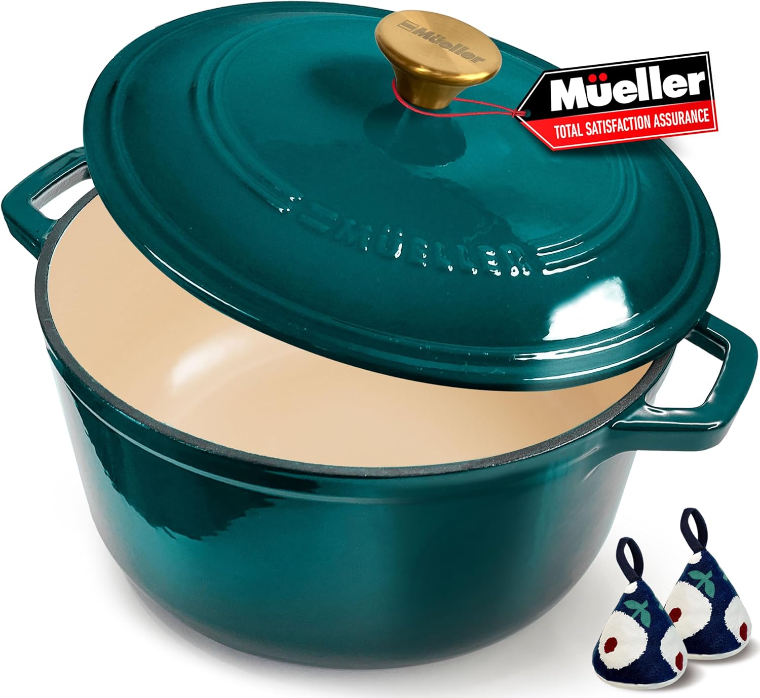 Mueller DuraCast 6 Quart Enameled Cast Iron Dutch Oven Pot with Lid, Sourdough Bread Baking, PFOA-Free, 500°F Oven Safe – All Cooktops incl. Induction, Braising & Slow Cooking, Emerald