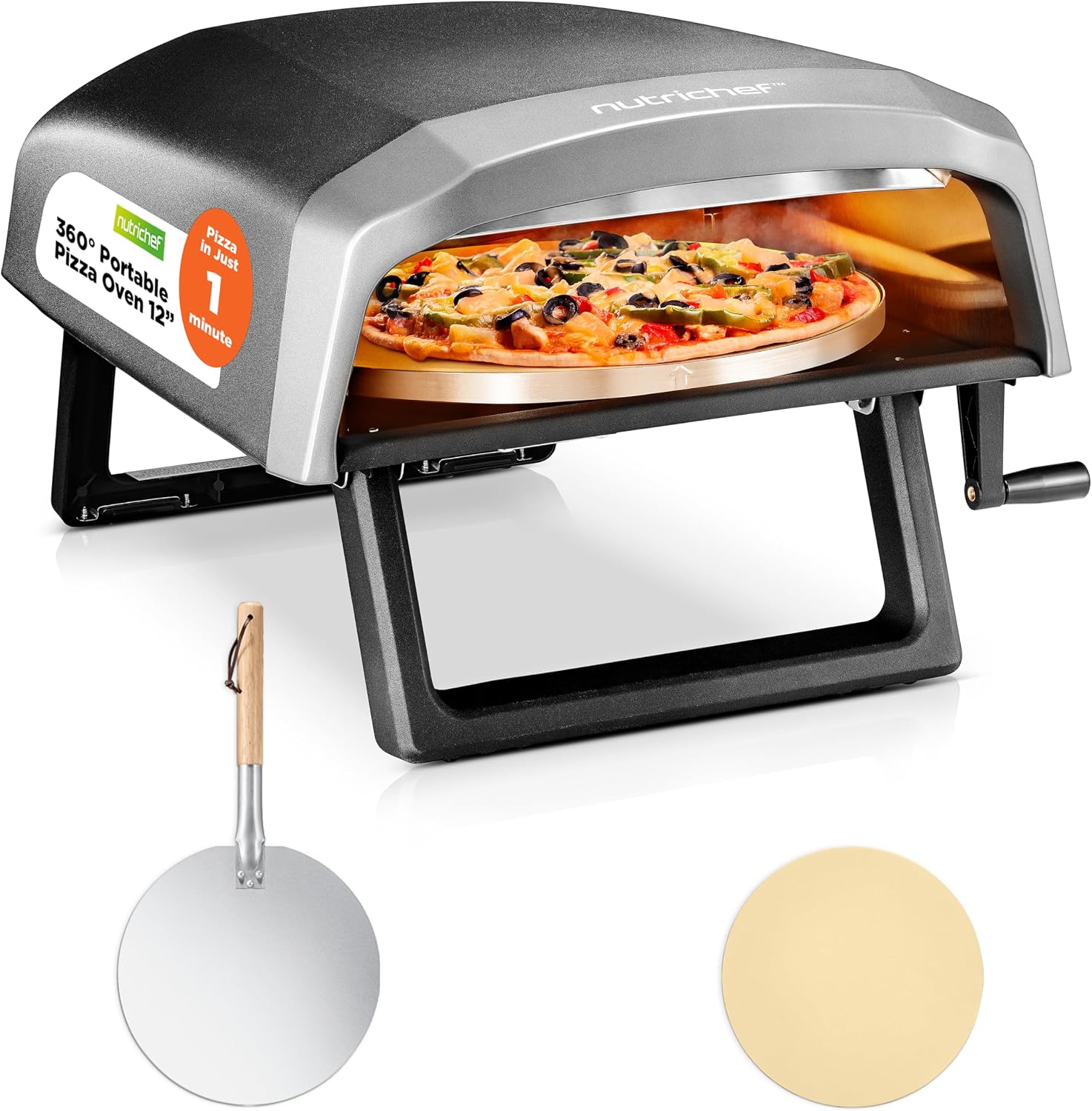 NutriChef Outdoor Pizza Oven with 360° Rotating Pizza Stone | Cooks 12″ Pizza in 60 seconds | Adjustable Heat Control Dial, Includes Pizza Peel, Stone & Regulator with Hose | Short Handle
