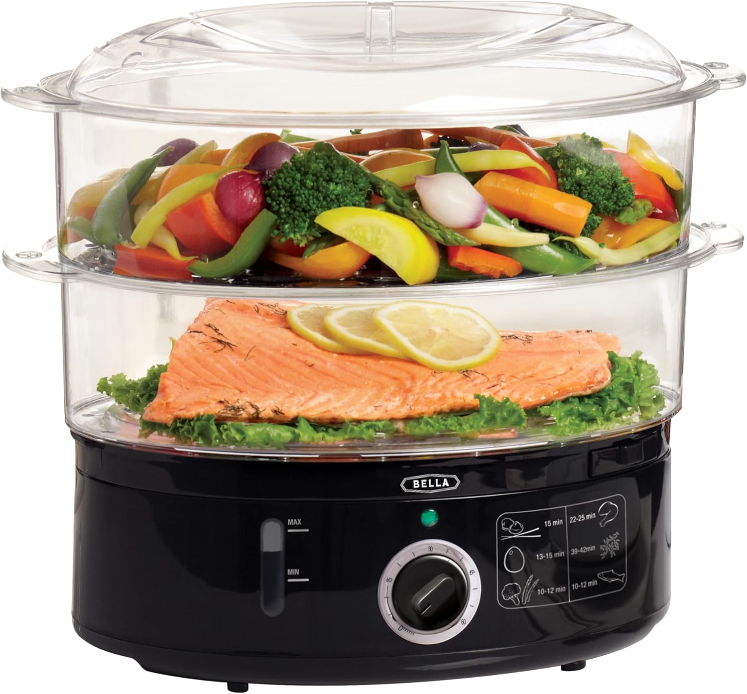 BELLA Two Tier Food Steamer with Stackable Baskets & Removable Base for Fast Simultaneous Cooking – Auto Shutoff & Boil Dry Protection, 7.4 QT, Black
